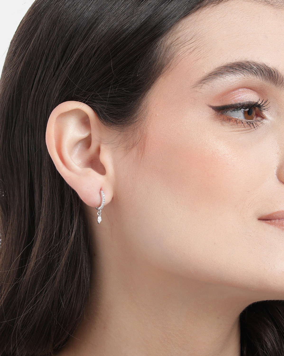 Image of CARLTON LONDON 925 Sterling Silver Rhodium Plated Dangling Solitaire Mini Hoop Earring Cubic Zirconia Sterling Silver Hoop Earring