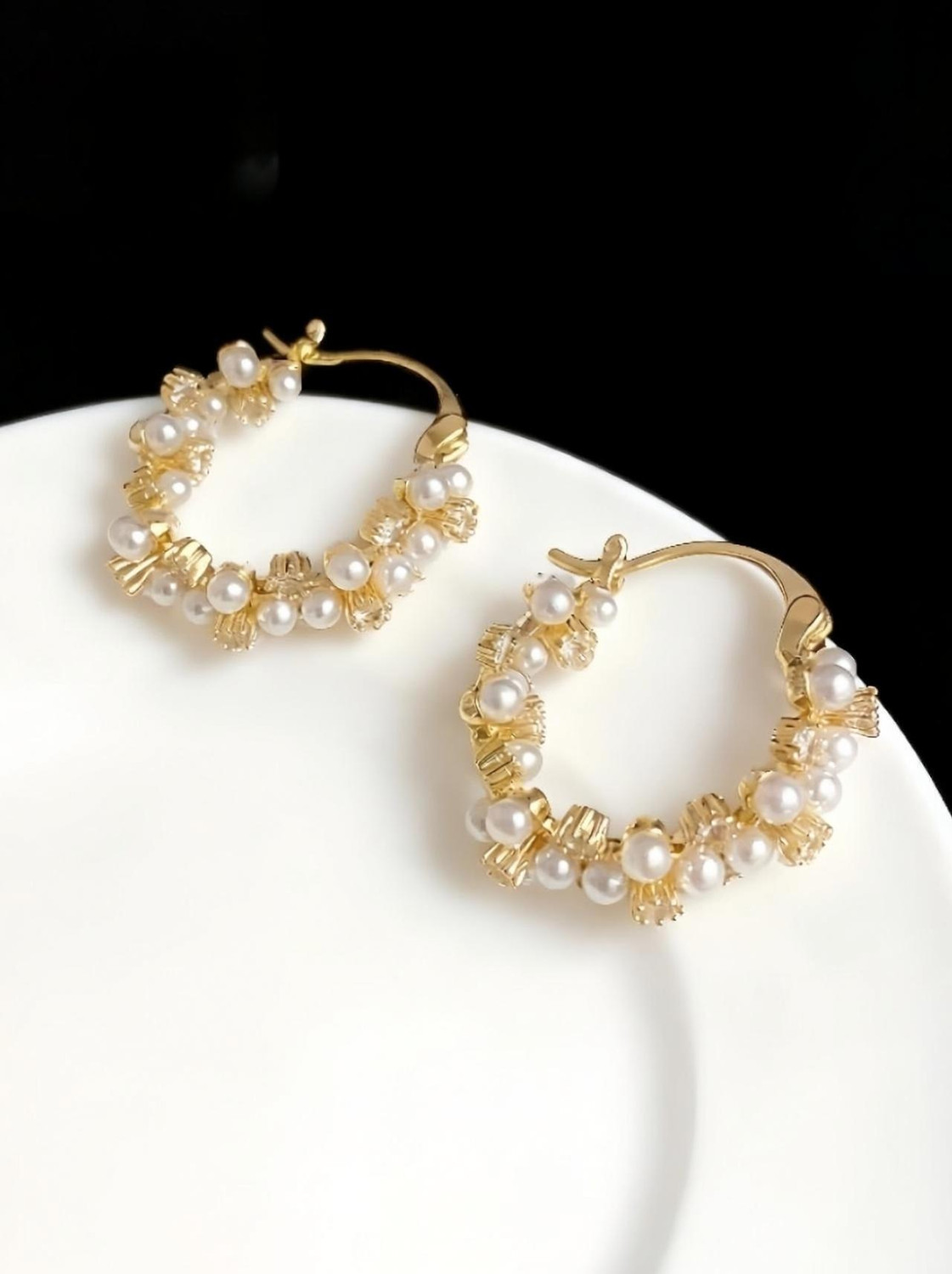 Image of AKISON JEWELS White Pearl Hoop Korean Earrings For Women Girls Trendy Western Stylish Earring Pearl Alloy Earring Set, Hoop Earring