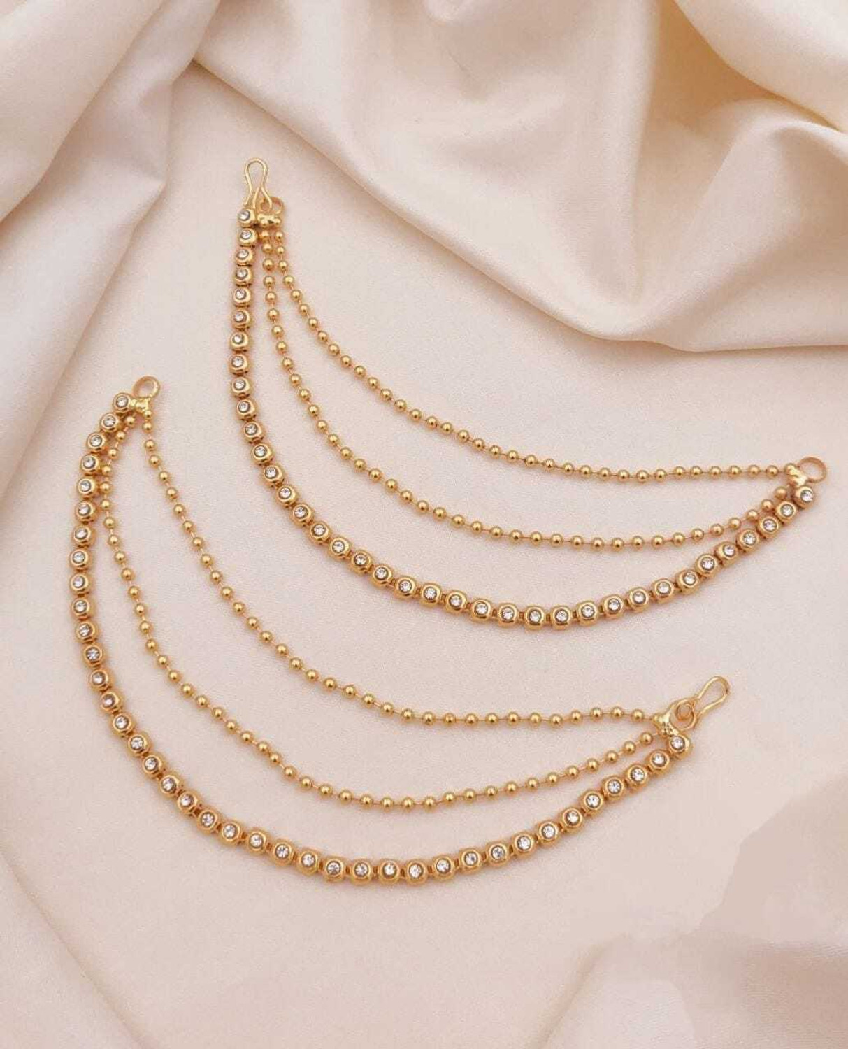 Image of kvmcreation Royal Heavy Triple Layered Ear Chain | Gold Plated Bridal Mattal Alloy Stud Earring, Jhumki Earring
