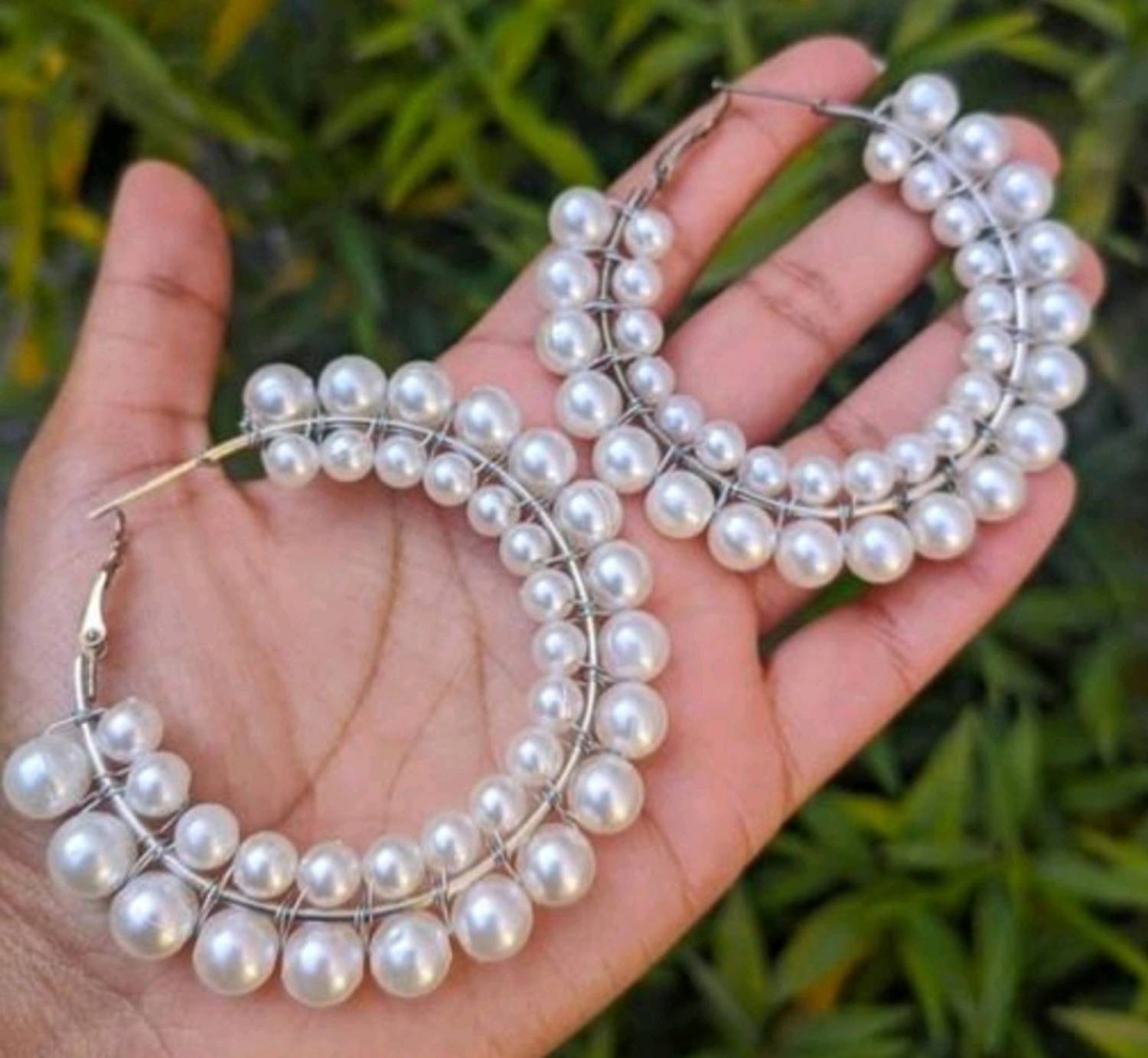 ALISS Double Moti Pearl Hoop Open Large Circle Earring Set Alloy Hoop Earring