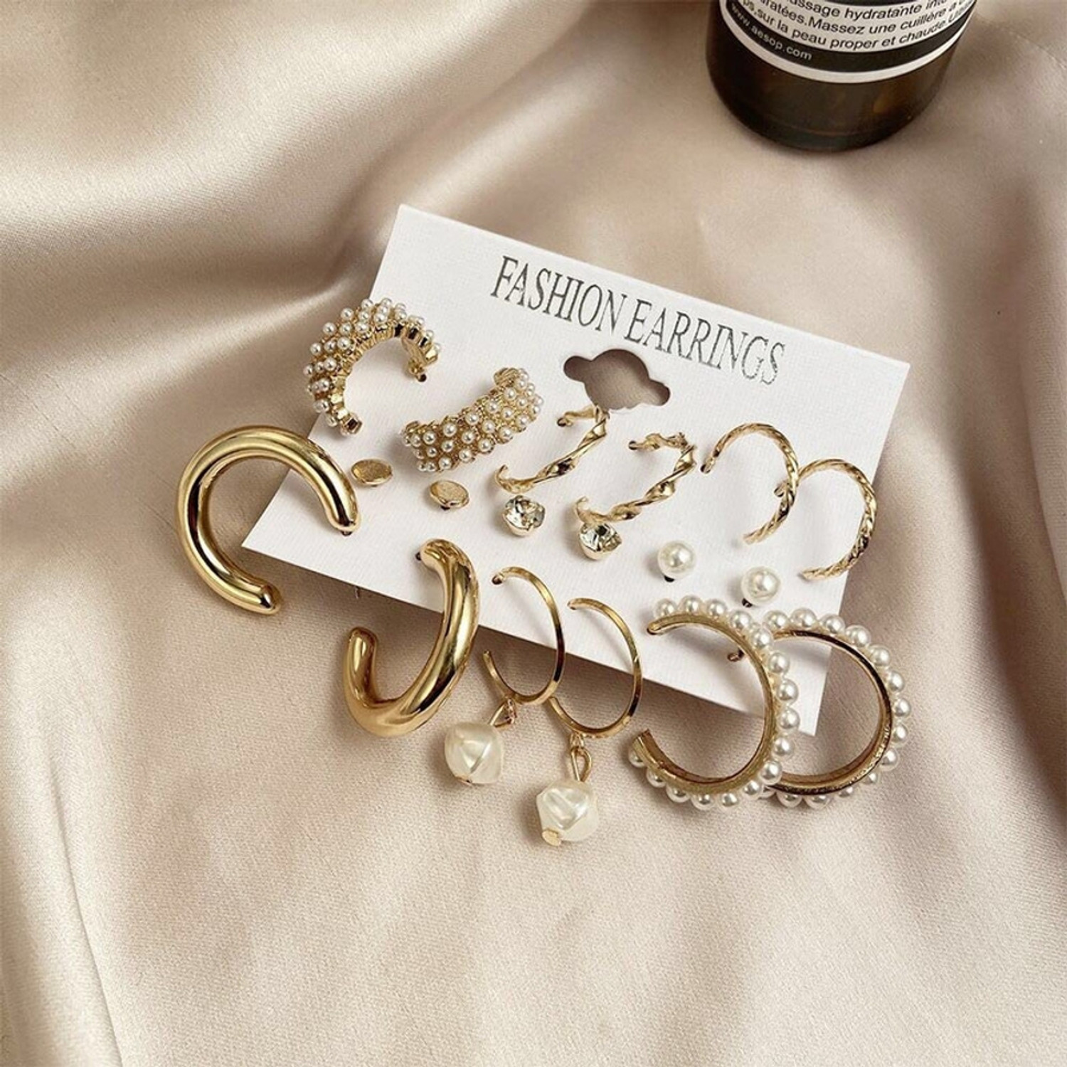 Image of Exotique Combo 9 Pair Stunning Gold Plated Pearl Hoop Earrings Metal Stud Earring Alloy Hoop Earring, Stud Earring