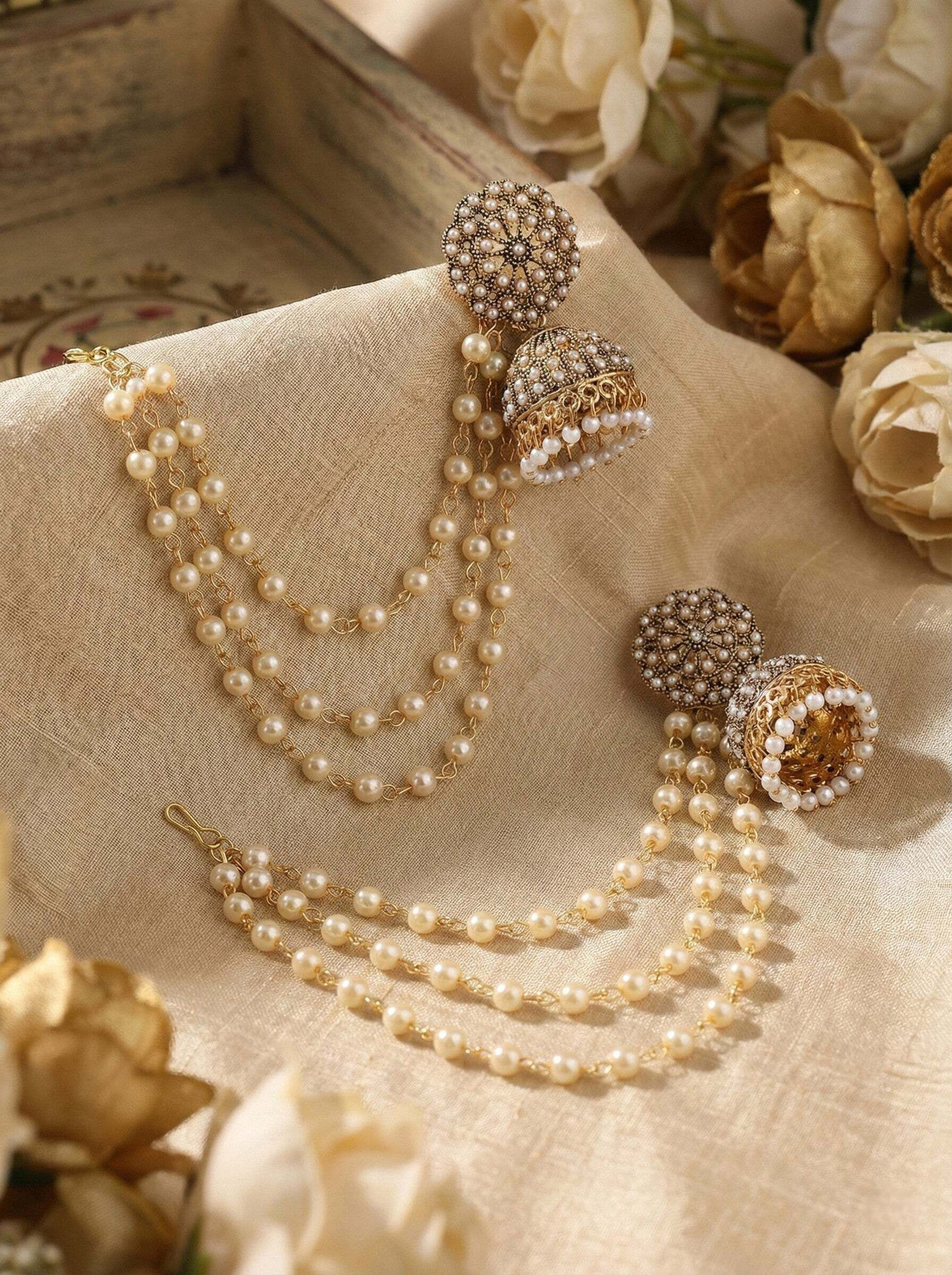 Image of Meira Jewellery Gold Plated Bahubali Jhumki Earring with Layered ear Chain Alloy Jhumki Earring