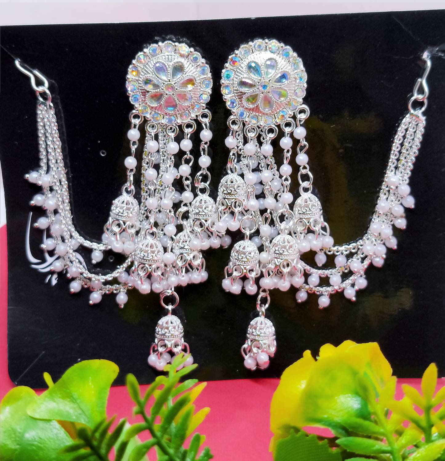 Gold Berry White Gold Jhumka Earring with Chain - Image 2
