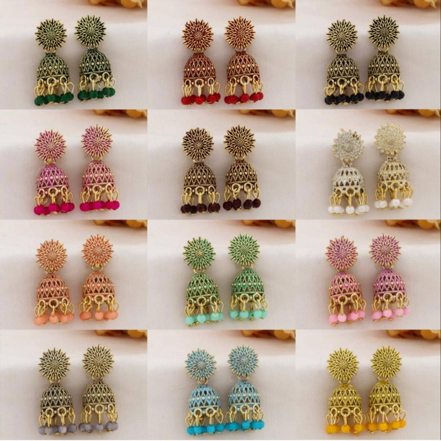 Antico 12 Pair Colorful Jhumki Earrings - Image 3