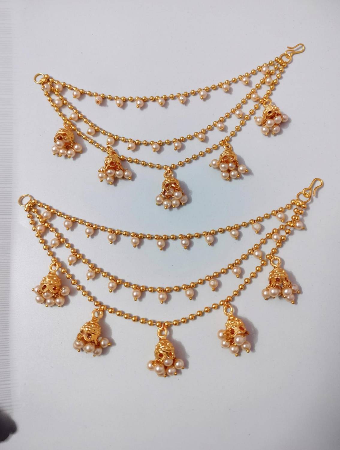 Charming treasures New Bahubali Pearl Chain Hair Kanser Party Wear Earchain Alloy Jhumki Earring