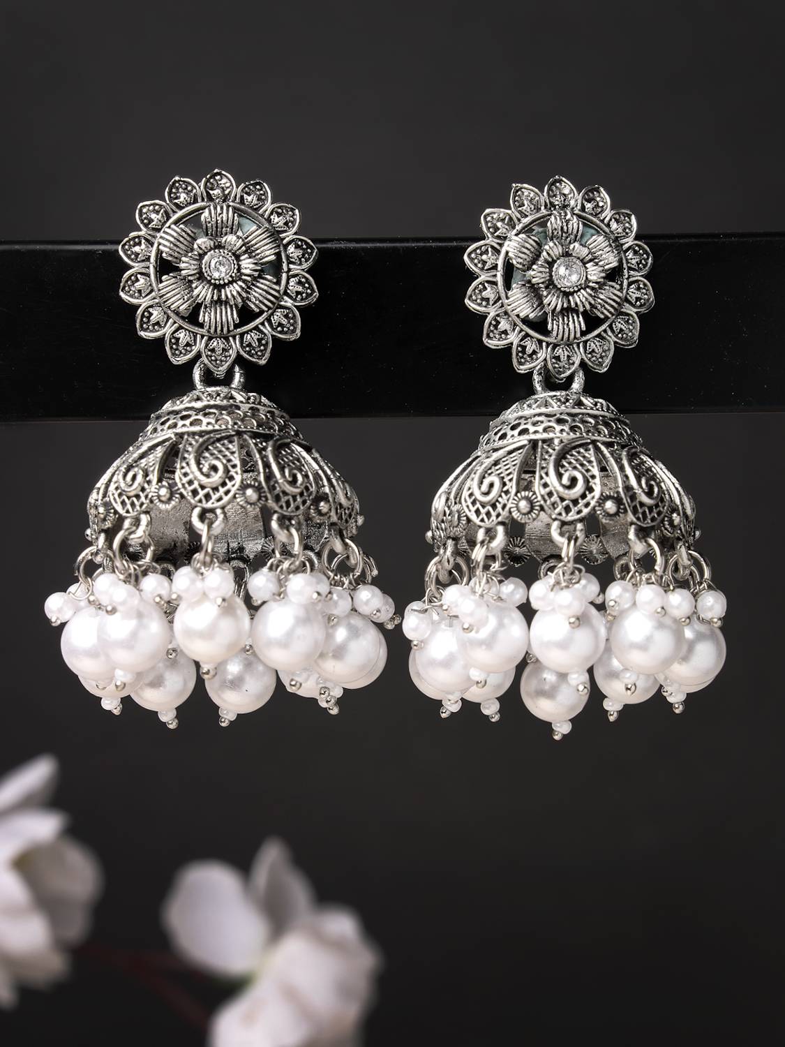 Adiva ADIVA Oxidised Silver-Plated Off White Pearl & Floral Shaped Jhumka Earrings Alloy Jhumki Earring