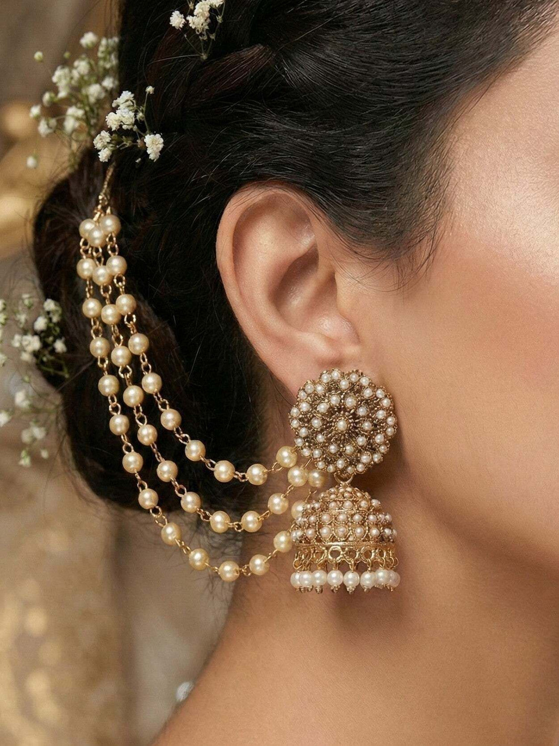 Image of Meira Jewellery Gold Plated Bahubali Jhumki Earring with Layered ear Chain Alloy Jhumki Earring
