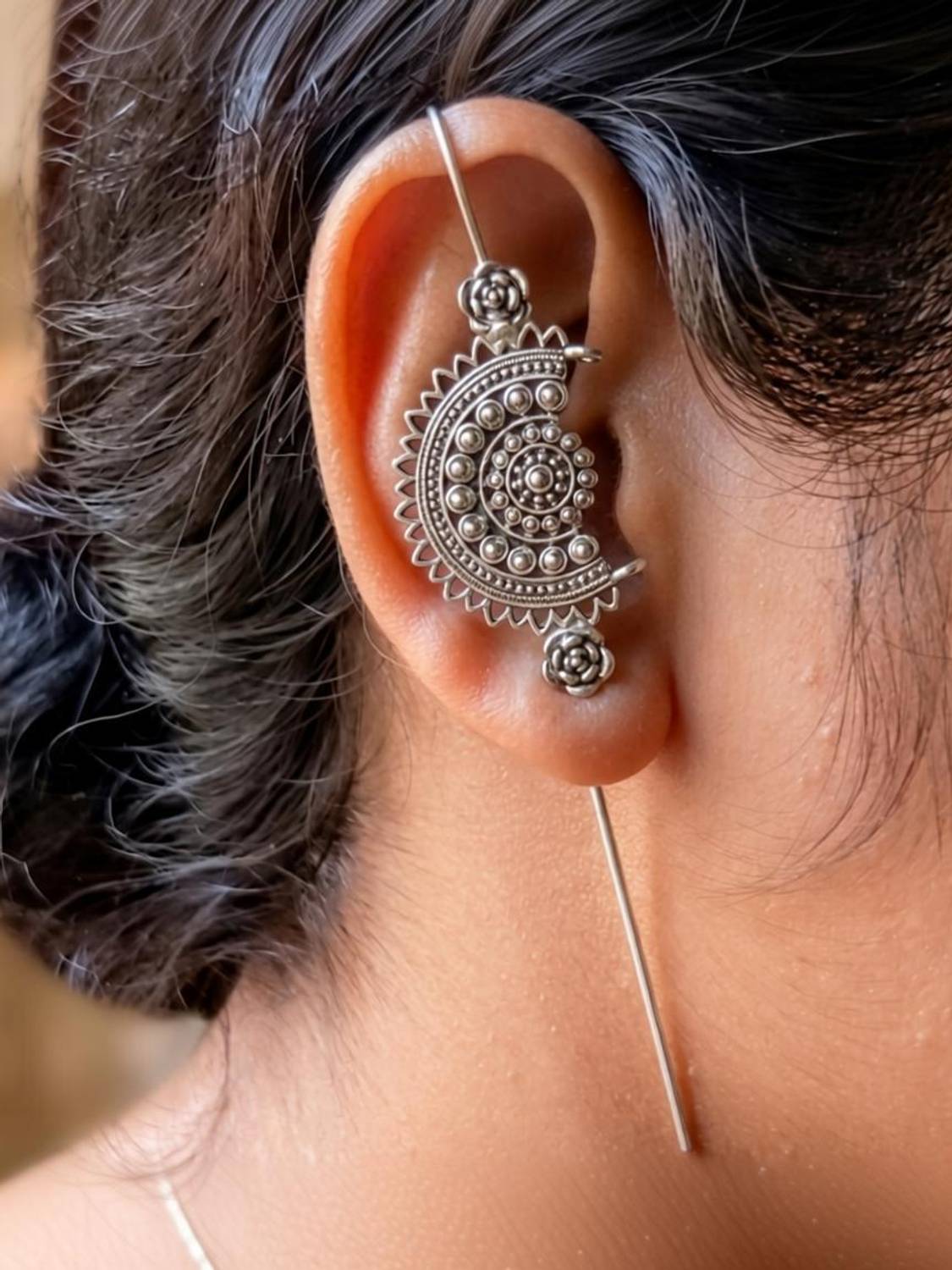 Aktrap Oxidised Silver Half Shape Flower Design Bugadi Earrings For Womens & Girls German Silver Cuff Earring