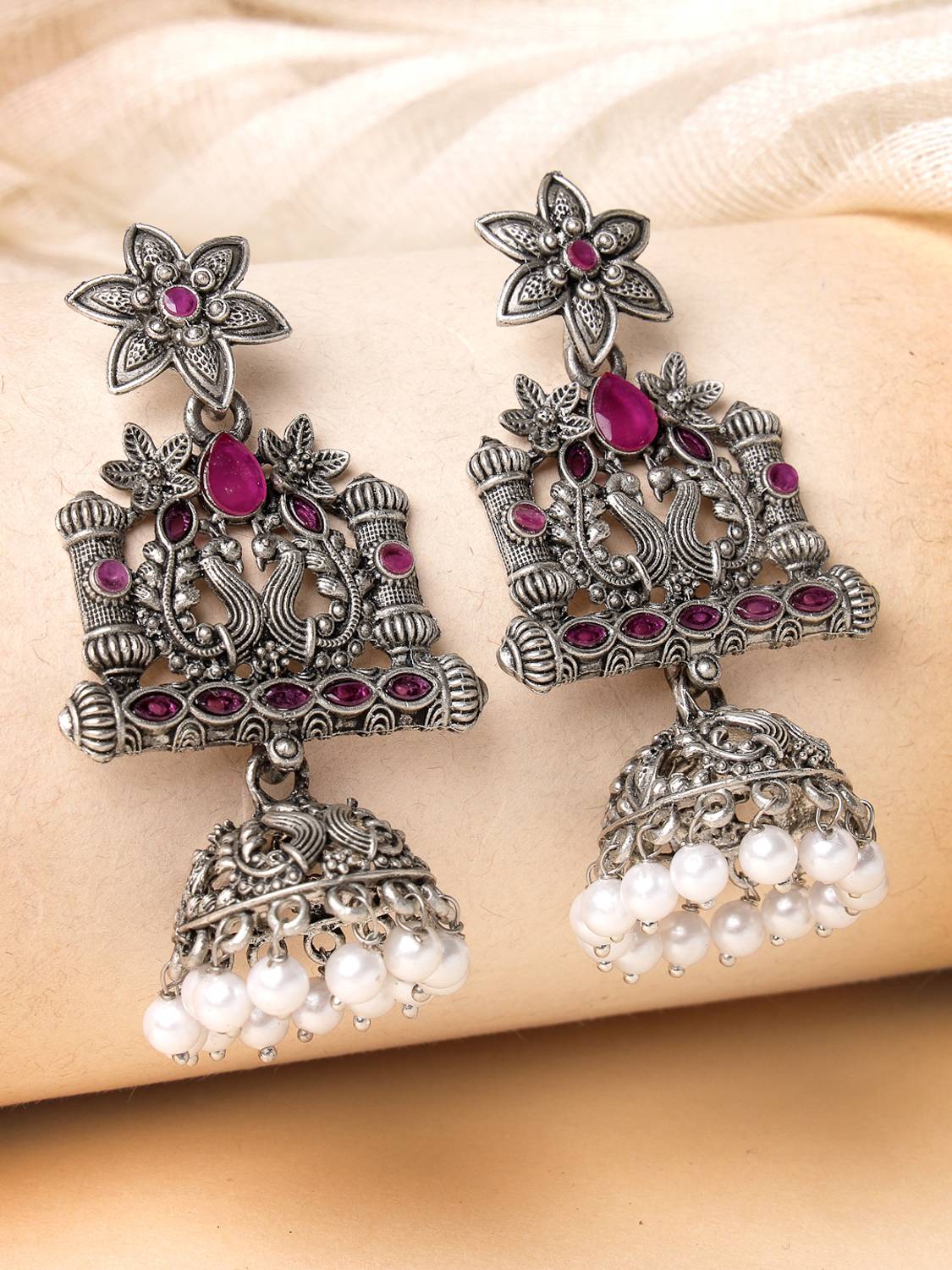 Adiva ADIVA Oxidised Silver-Plated Pink Stone & Pearl Peacock Shaped Jhumka Earrings Alloy Jhumki Earring