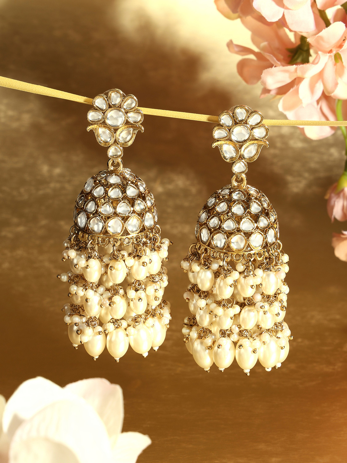 Image of ZAVERI PEARLS Zaveri Pearls Gold Tone Kundan & Cluster Pearl Drop Jhumka Earring -ZPFK16735 Beads Alloy Jhumki Earring