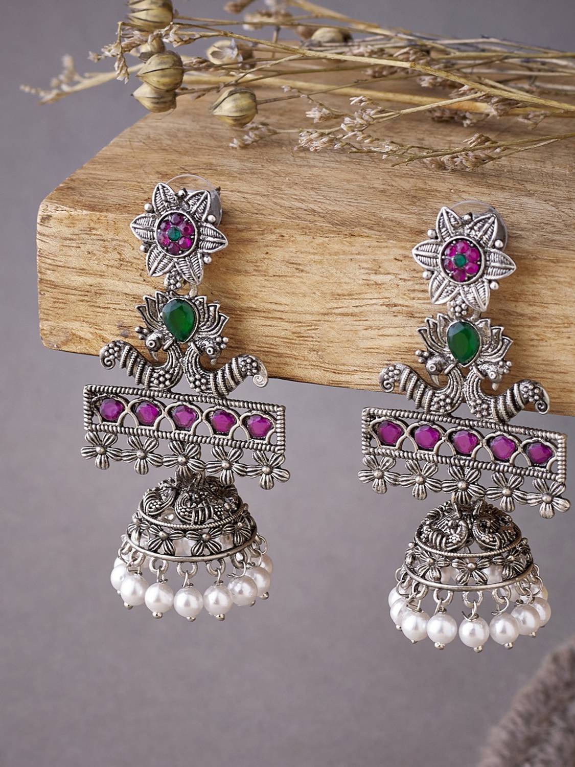 Atibelle Silver-Plated & Purple Classic Jhumkas Earrings Brass Jhumki Earring