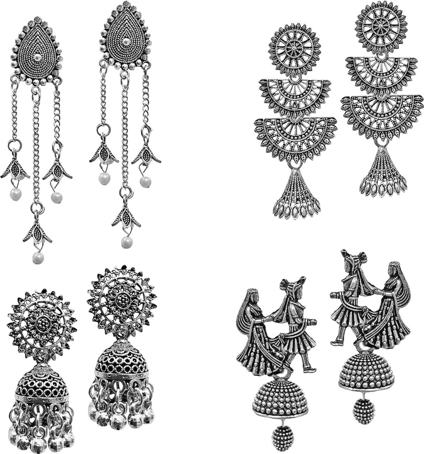 Tiso Combo of 4 Oxidised Silver Jhumki Earrings for Women and Girls German Silver Alloy Drops & Danglers, Jhumki Earring