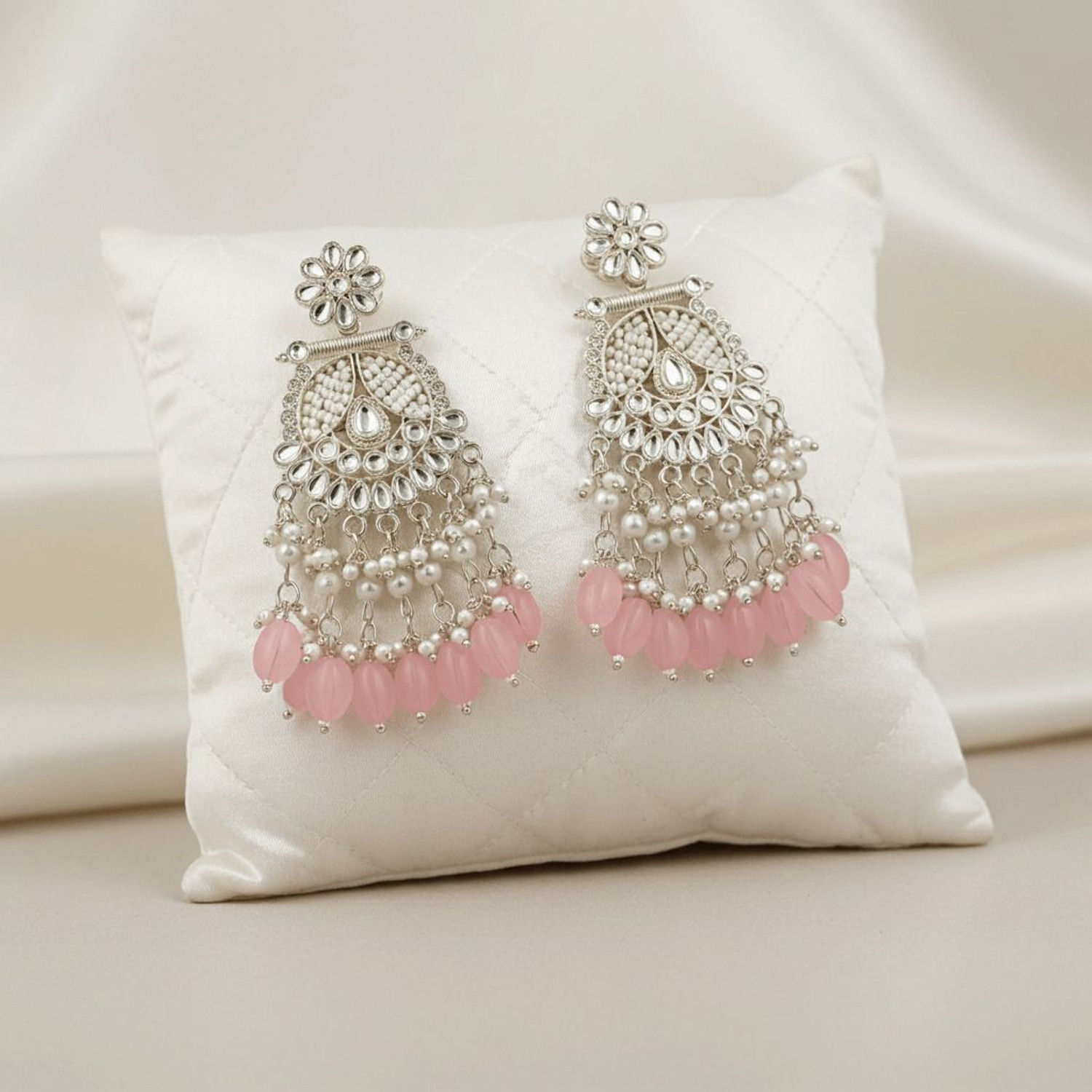Image of TESSARA Traditional Gold Plated Kundan Pearl with Pink Beads Drop Earrings for Women Alloy Drops & Danglers