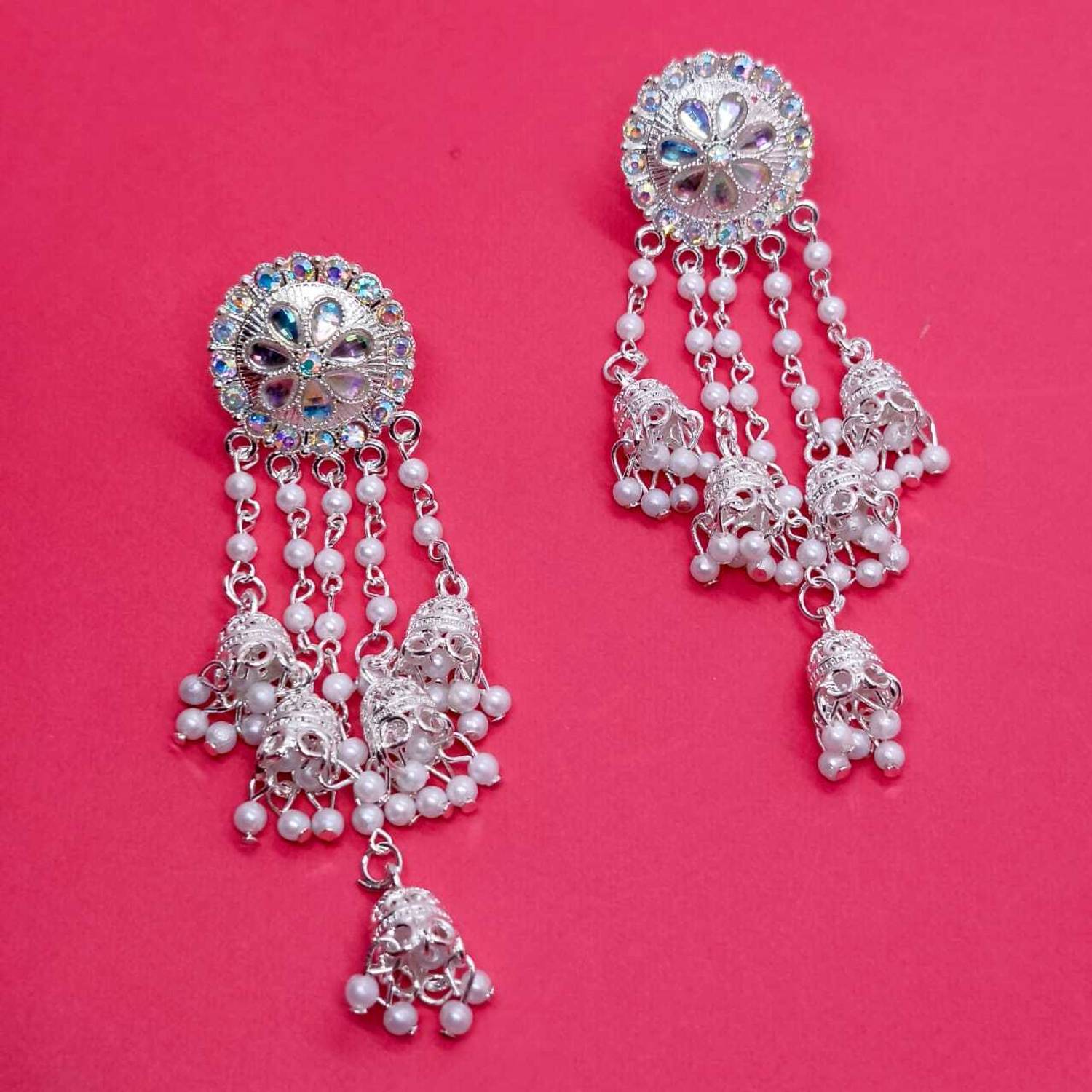 Gold Berry White Gold Jhumka Earring with Chain - Image 4