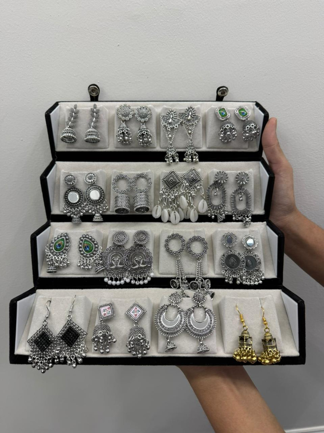 Image of Treviyaa Viral 16 Pair Oxidised Earing Set With Folding Jewelery Box | WITH LOVE NOTE Alloy Jhumki Earring