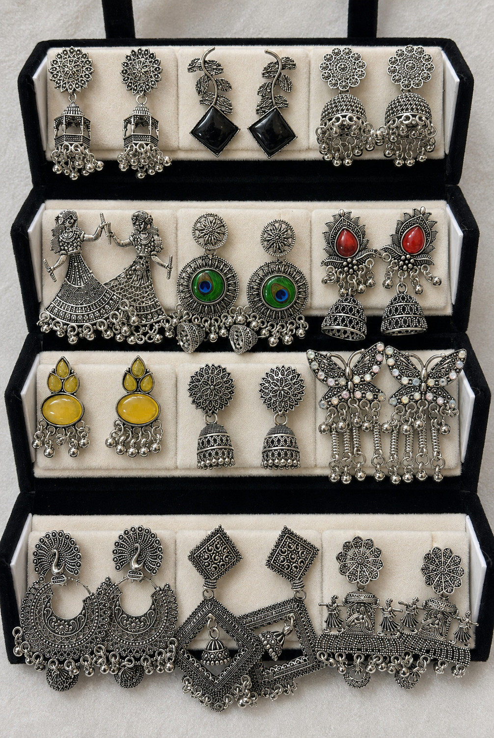 Image of IVORRA 12 Pairs Oxidised Silver Jhumka Earrings Box for Women Premium Box Alloy Chandbali Earring, Earring Set