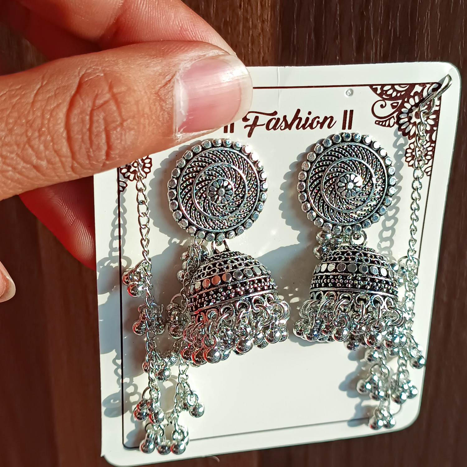 Image of Homemet Bahubali Earrings for Women Long Jhumki Silver Bahubali Baliyan Jumka Hair Chain White Metal Jhumki Earring, Earring Set