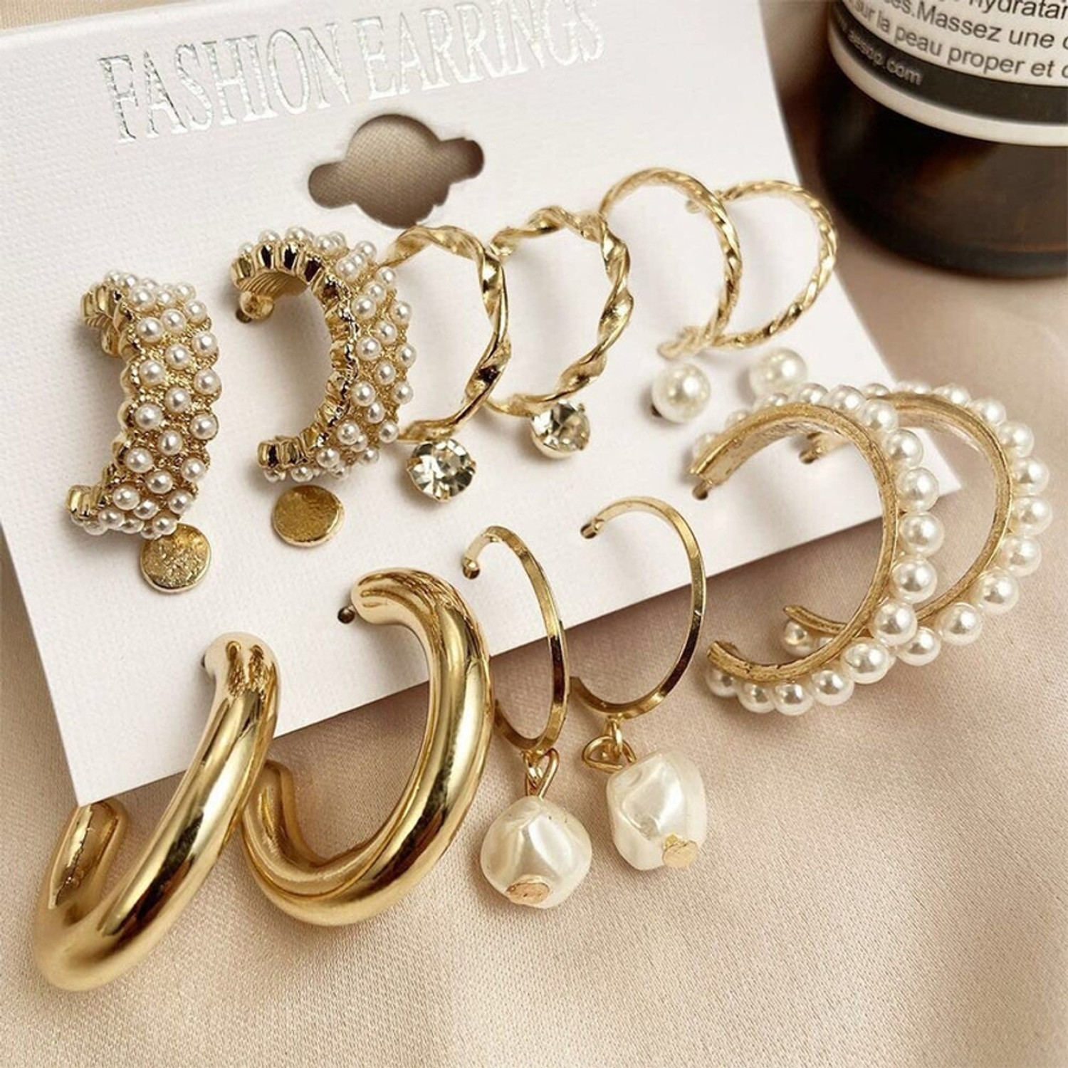Image of Exotique Combo 9 Pair Stunning Gold Plated Pearl Hoop Earrings Metal Stud Earring Alloy Hoop Earring, Stud Earring