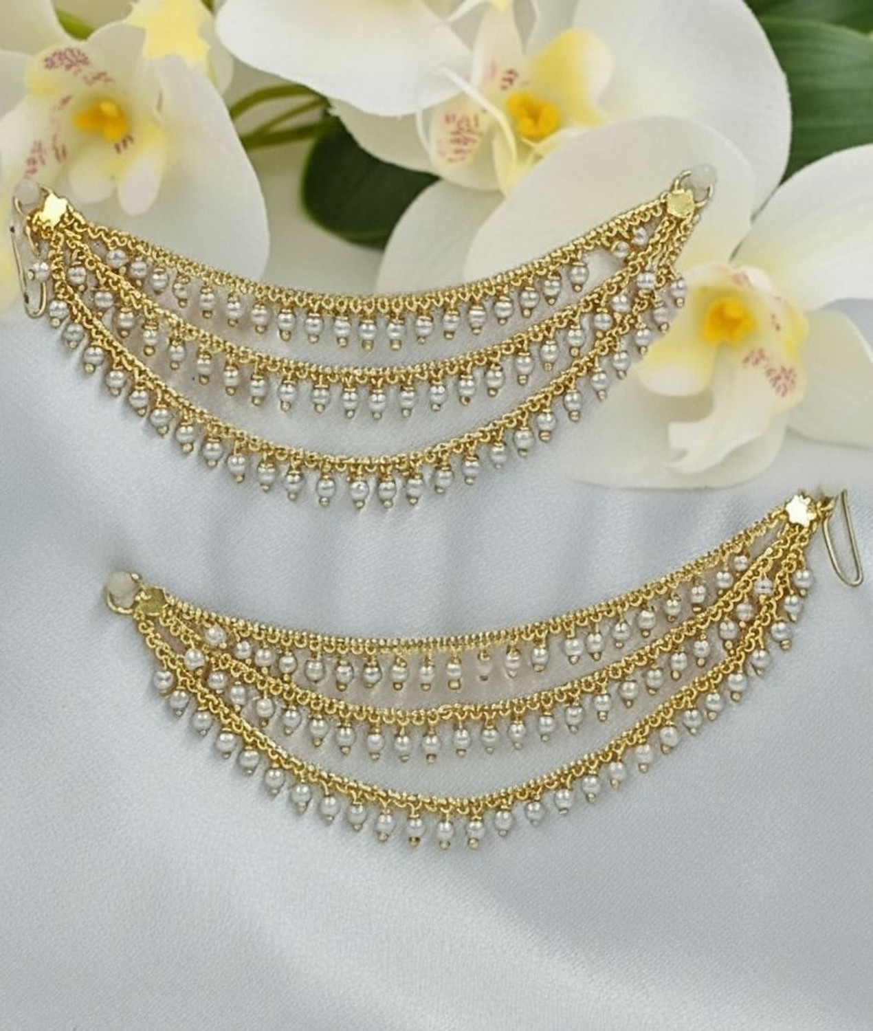 Image of Sulakshyaa Temple Jewellery Small Pearl Beads Statement Chain Clip on hair champaswaralu Alloy Jhumki Earring