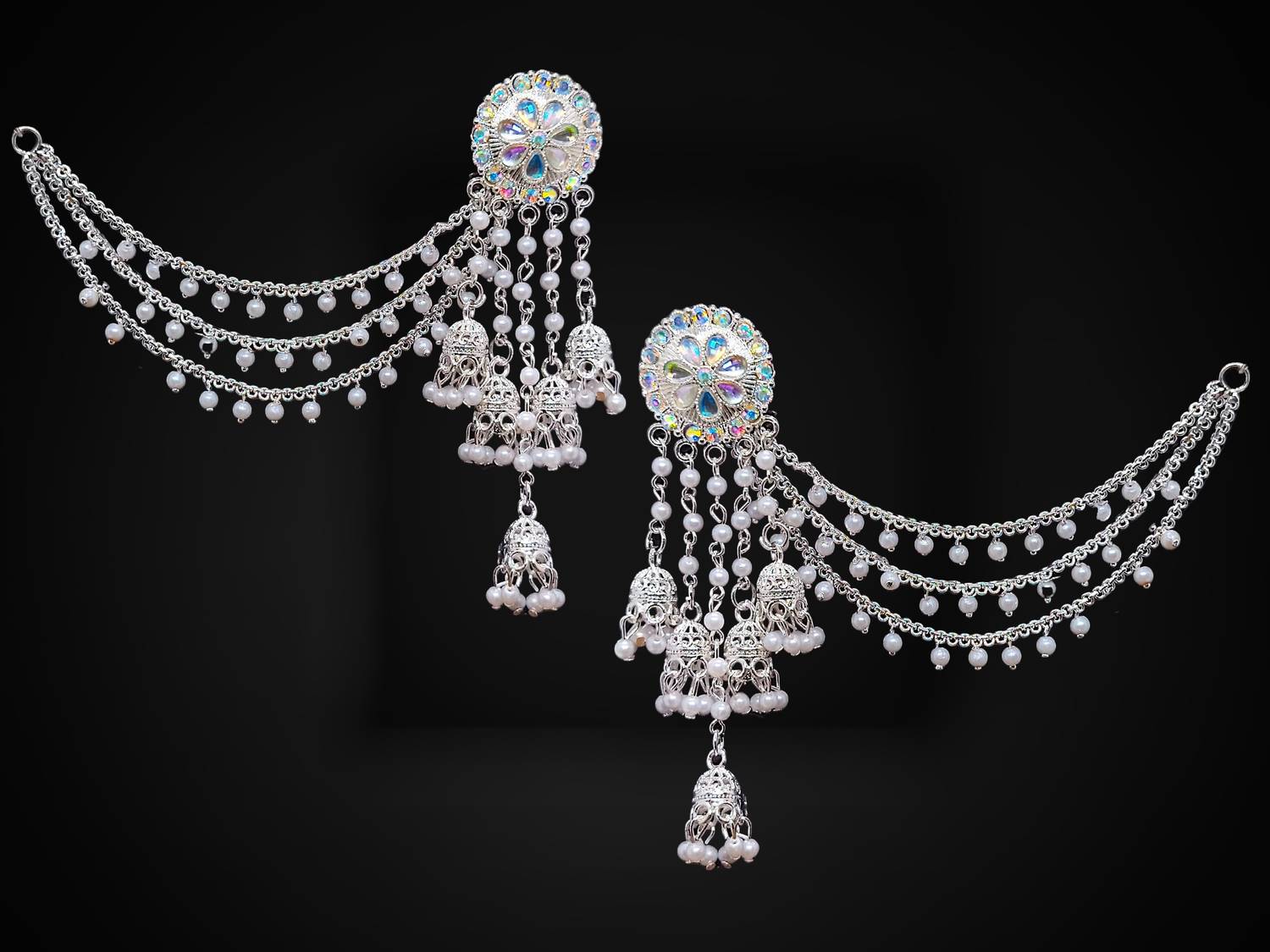 Gold Berry White Gold Jhumka Earring with Chain - Image 5