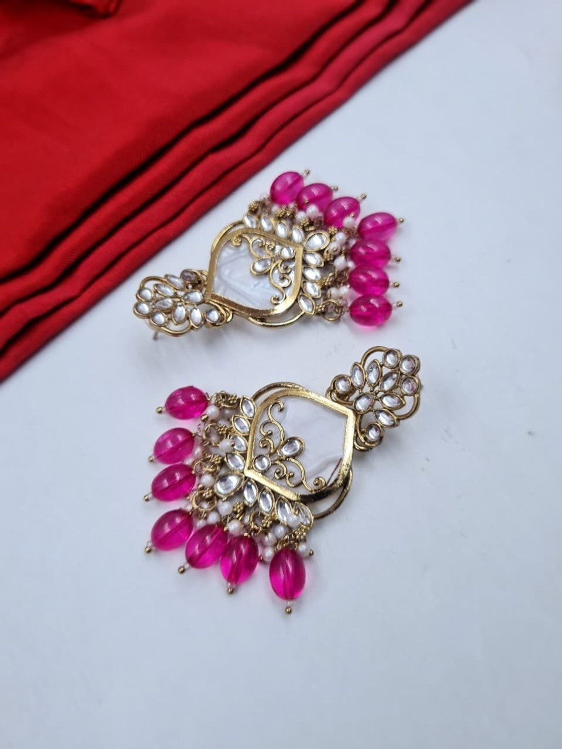 Image of undefined Traditional Pink Drops Kundan & Beaded Chandbali Earrings Alloy Chandbali Earring