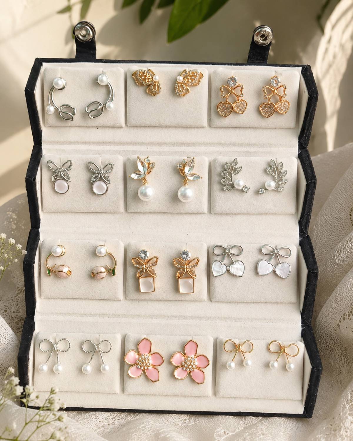 Shelly Studio 12-Piece Pearl & Crystal Earrings Set Pack of 12 - Image 2