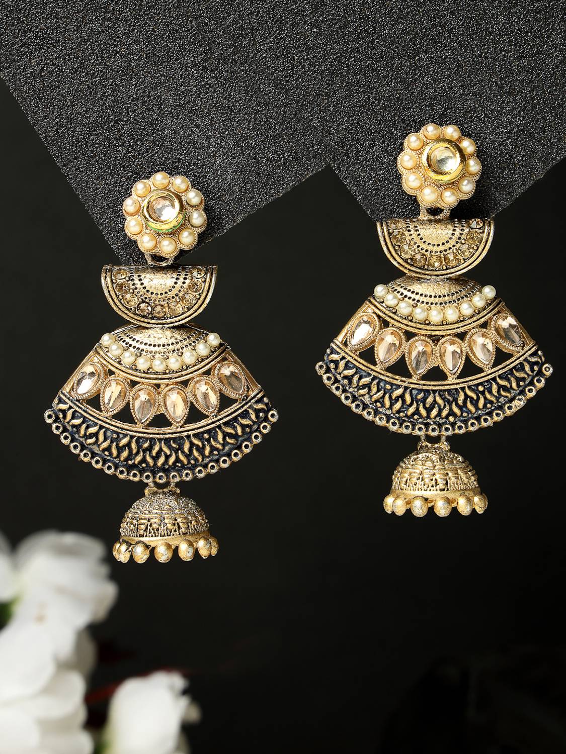 Adiva ADIVA Gold-Plated Kundan Stone & Pearls Contemporary Jhumka Earrings Alloy Jhumki Earring