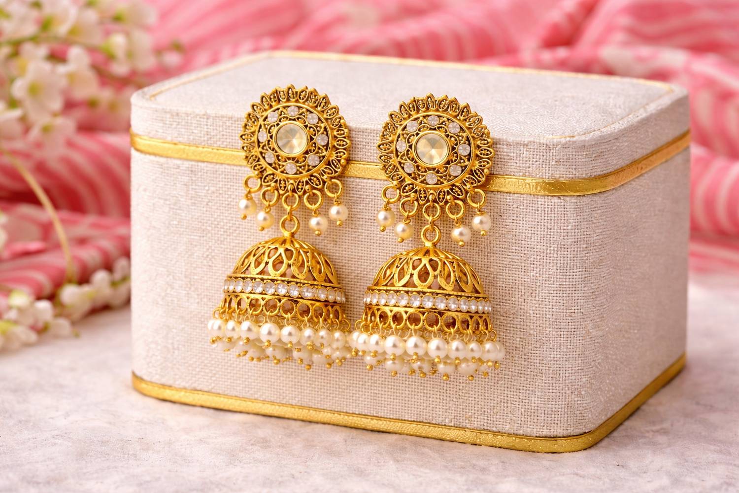 AntiqueCloset Gold Plated Jhumka Earrings with Pearl Drops & Stone Studded Floral Top Pearl Alloy Jhumki Earring