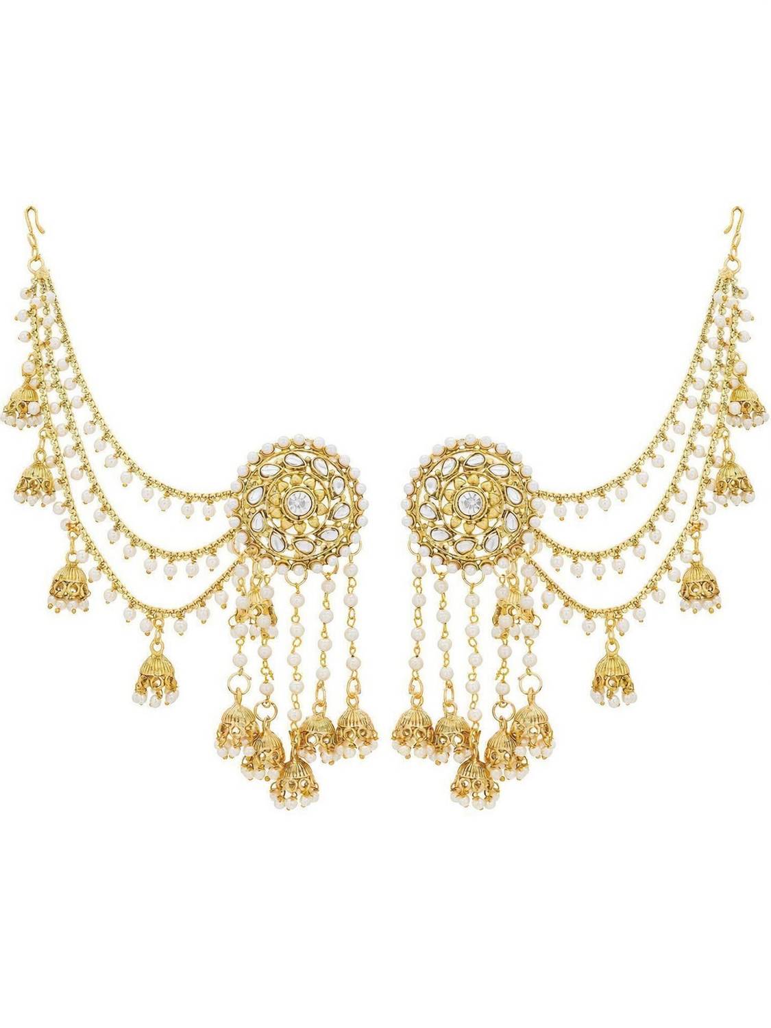 AADITA Gold Plated Bahubali Earrings with Attach Pearl Chain Ethnic Jhumka Diamond, Pearl Alloy Jhumki Earring
