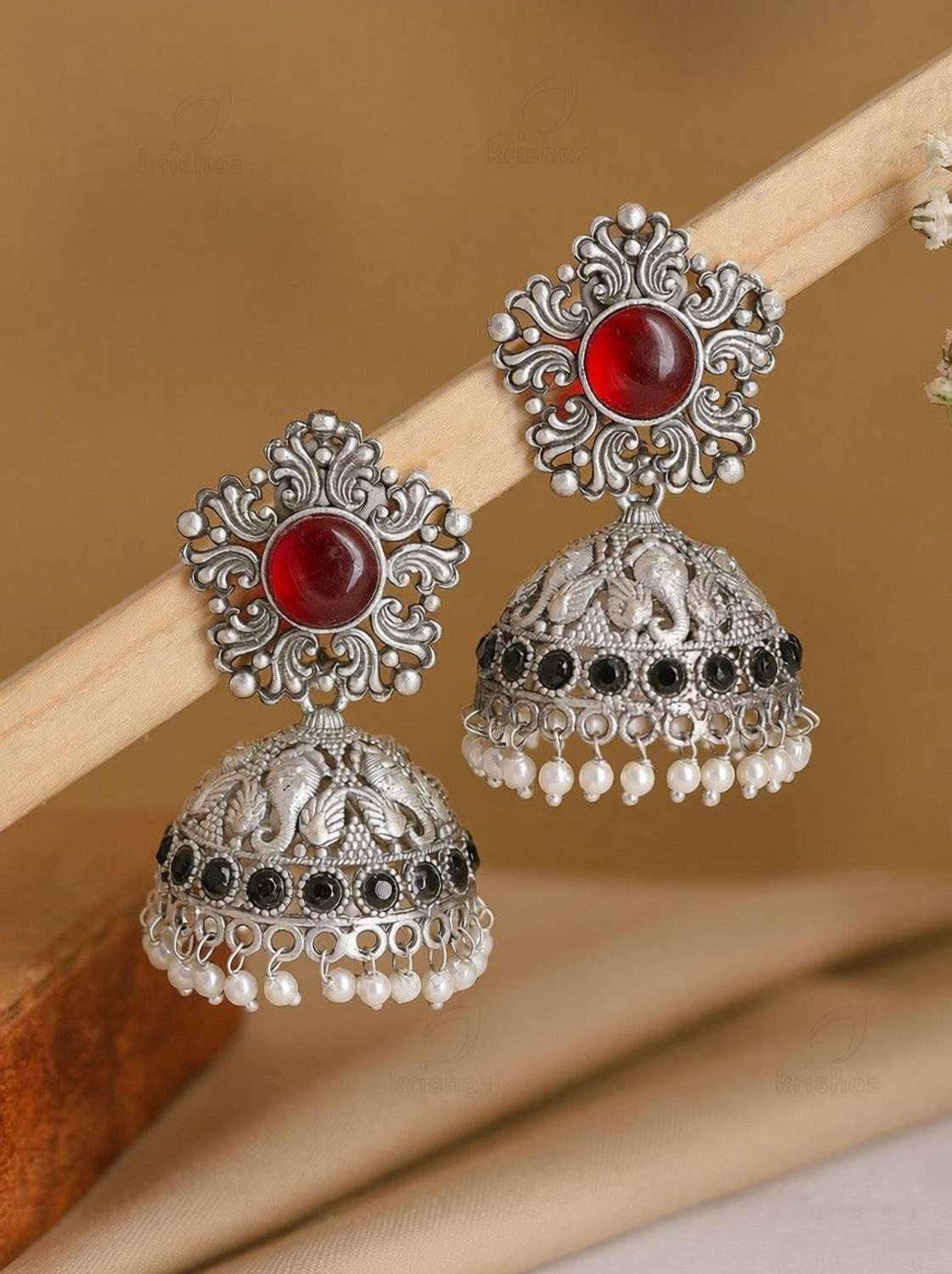 AKENTERPRISE Antique Red Stone Oxidised Jhumka Earrings Alloy Jhumki Earring