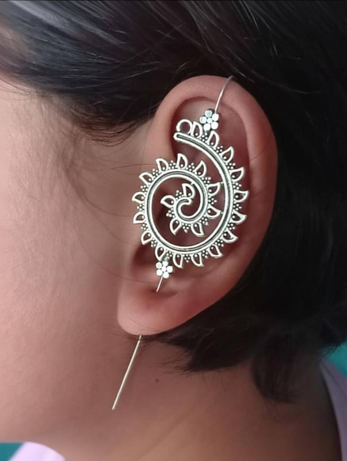 Aktrap Oxidised Silver Spiral Flower Design Bugadi Earrings For Womens & Girls German Silver Cuff Earring