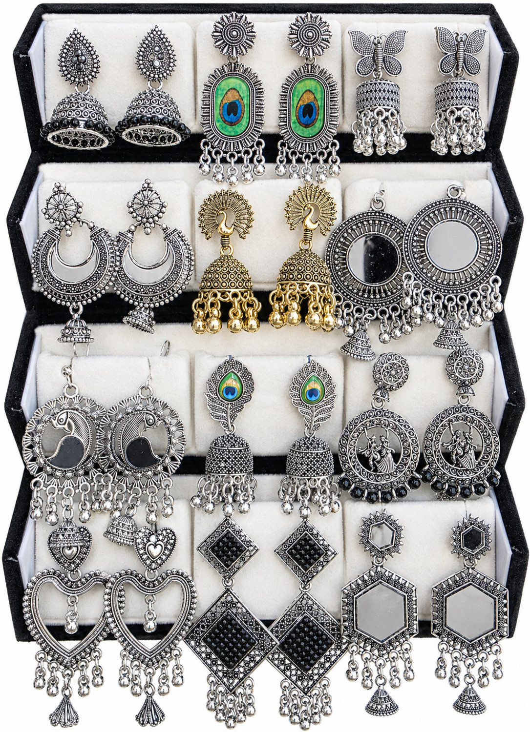 Image of HS BANDHU Premium Set Of 12 Earings With Velvet Folding Box Metal Earring Set, Jhumki Earring, Stud Earring