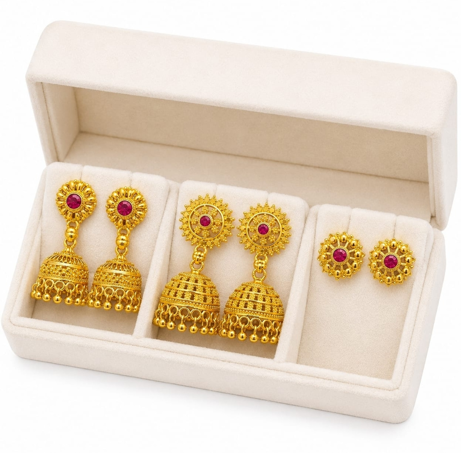 Image of lov Elegant Ruby Floral Jhumka Earrings Bridal Ethnic Gold Plated Earrings Combo 3 Brass Hoop Earring