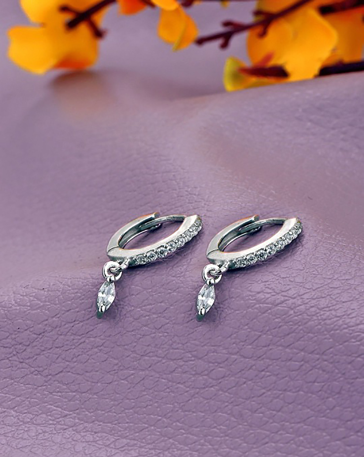 Image of CARLTON LONDON 925 Sterling Silver Rhodium Plated Dangling Solitaire Mini Hoop Earring Cubic Zirconia Sterling Silver Hoop Earring