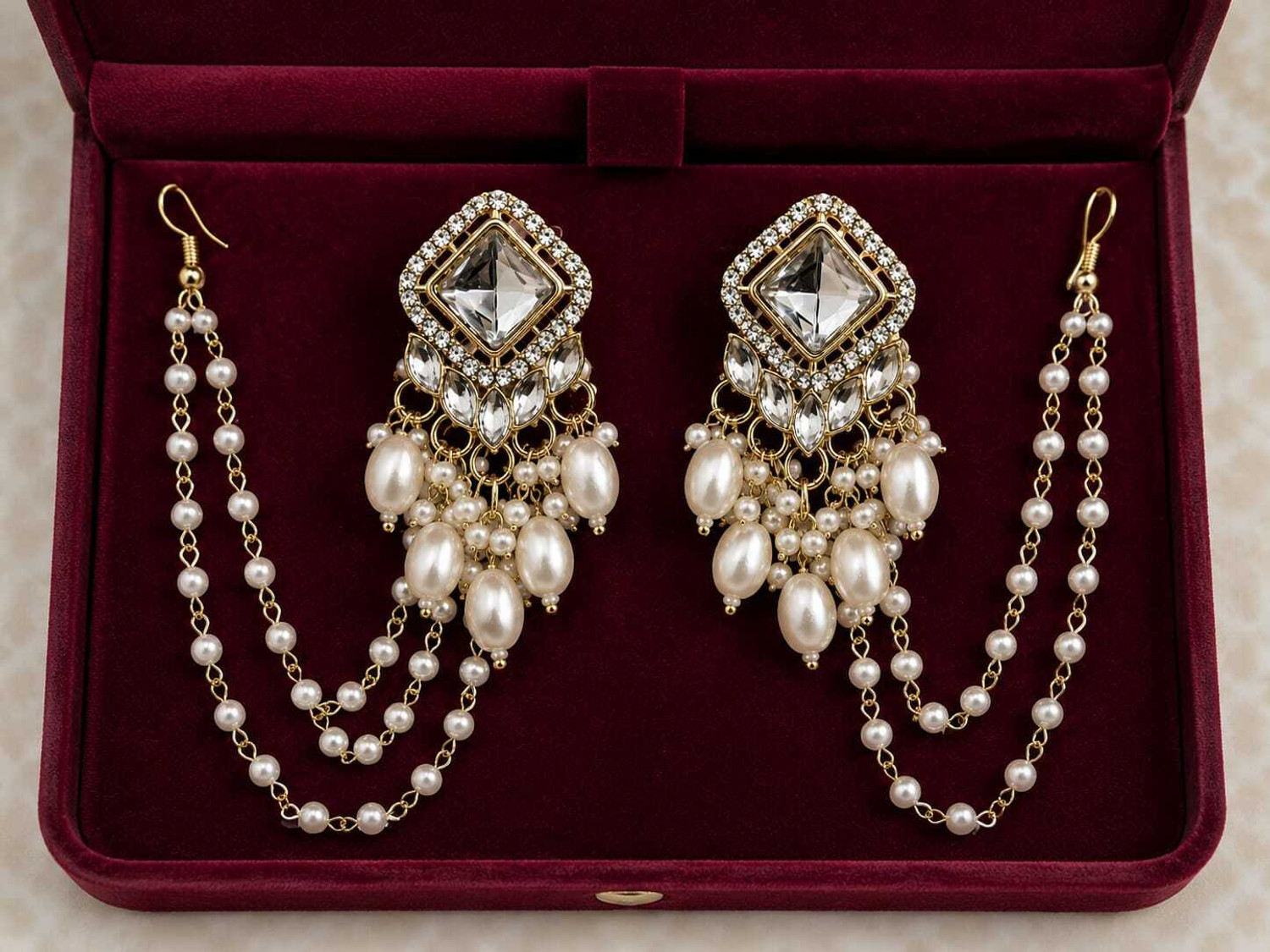 Image of Luvira Pearl Kaan Chain Crystal Chandelier Earrings Traditional Party Wear Jewelry Alloy Drops & Danglers, Chandbali Earring