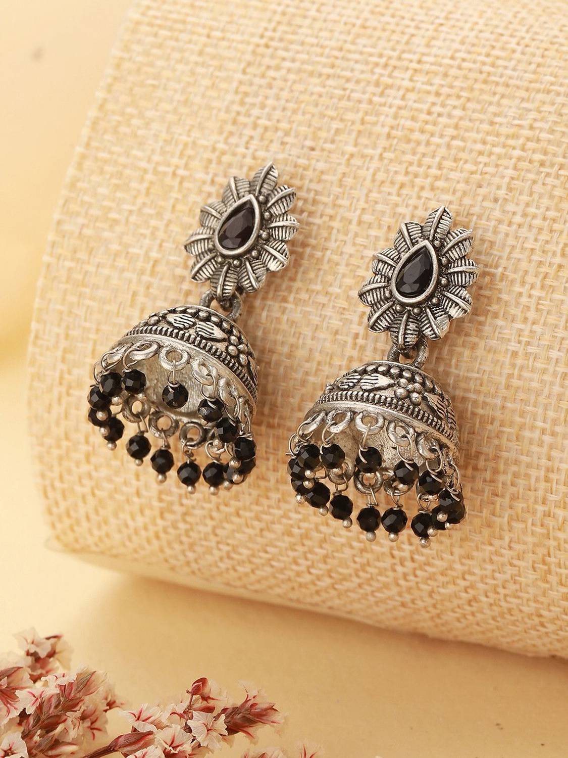 AATMANA Silver-Toned Black Dome Shaped Jhumkas Cubic Zirconia Brass Jhumki Earring