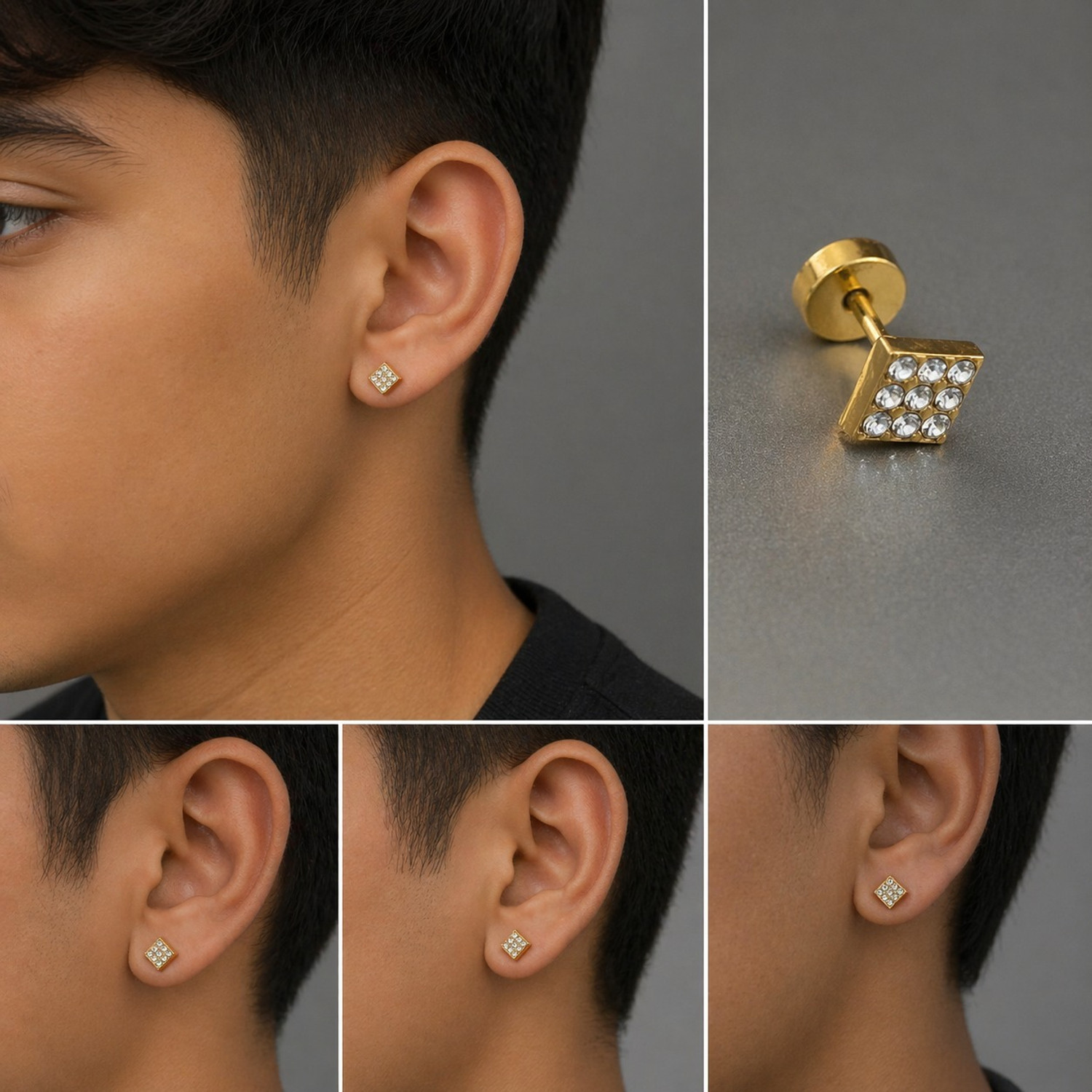 Image of Srrt Gold Square Stud Earring with Stones Crystal Alloy Stud Earring