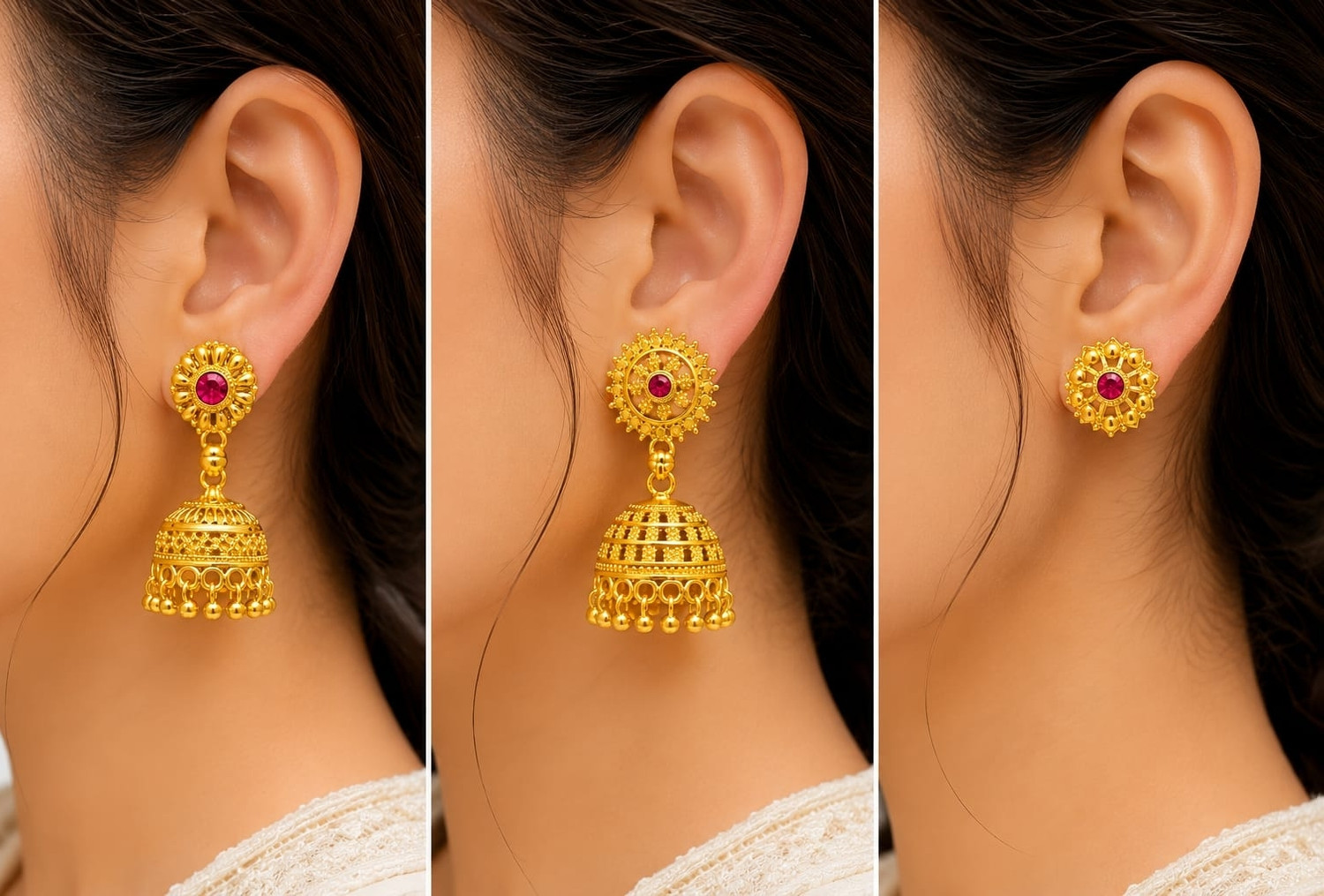 Image of lov Elegant Ruby Floral Jhumka Earrings Bridal Ethnic Gold Plated Earrings Combo 3 Brass Hoop Earring