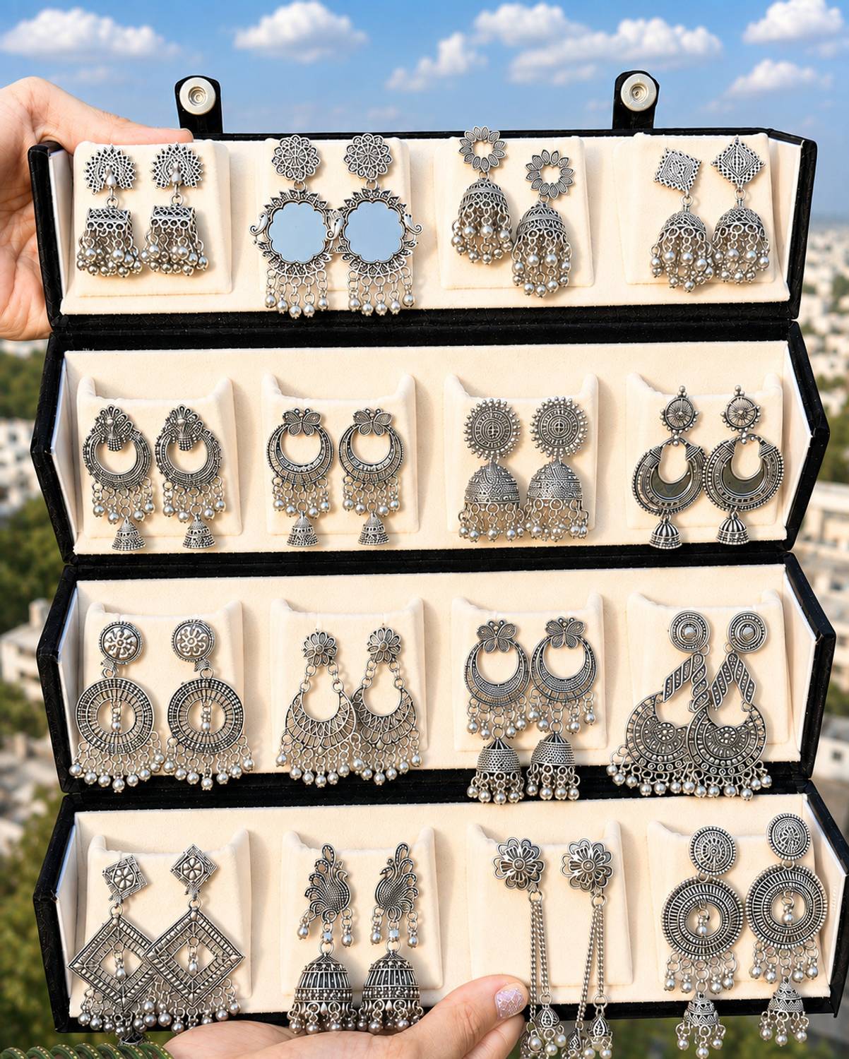 UrbanKiwi 16 Pair Oxidized Jhumka Earrings - Image 1