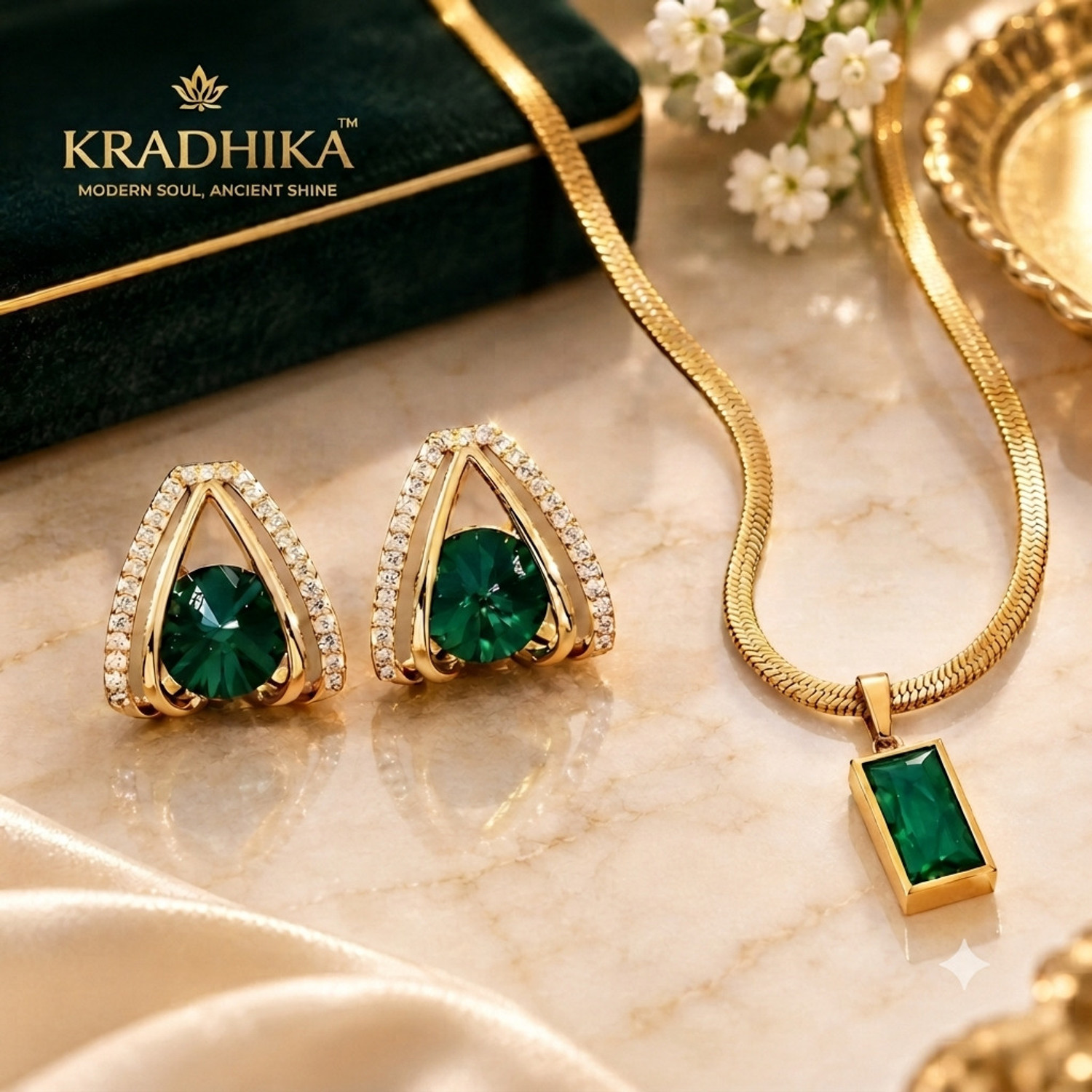 Kradhika Korean Gold Plated Green Crystal Drop Earring and Pendant Chain Combo set Crystal, Cubic Zirconia Stainless Steel Earring Set