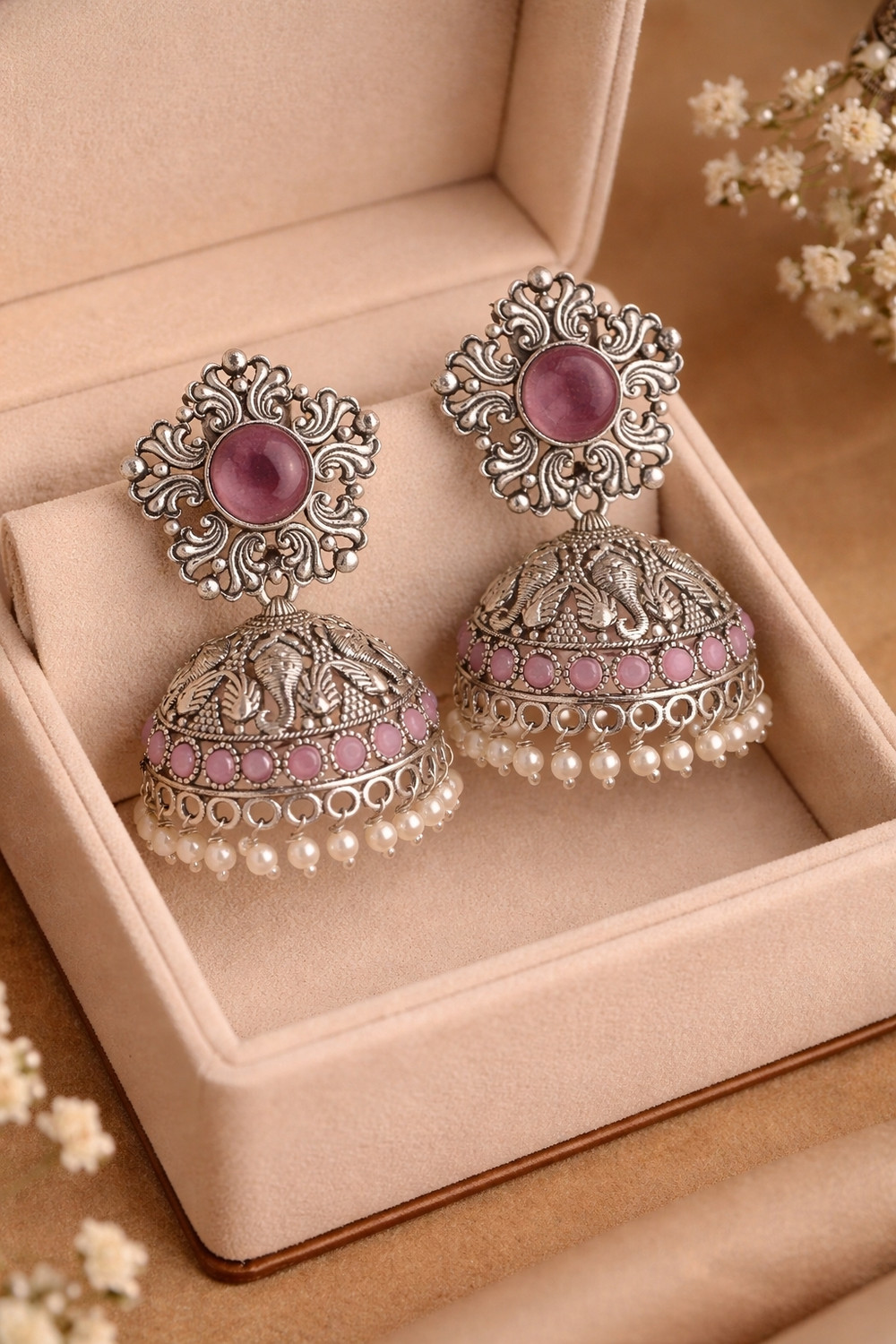 Image of KAYAANSH ​Oxidized Silver Ganesha Motif Pearl Jhumka Earrings Pearl Alloy Jhumki Earring