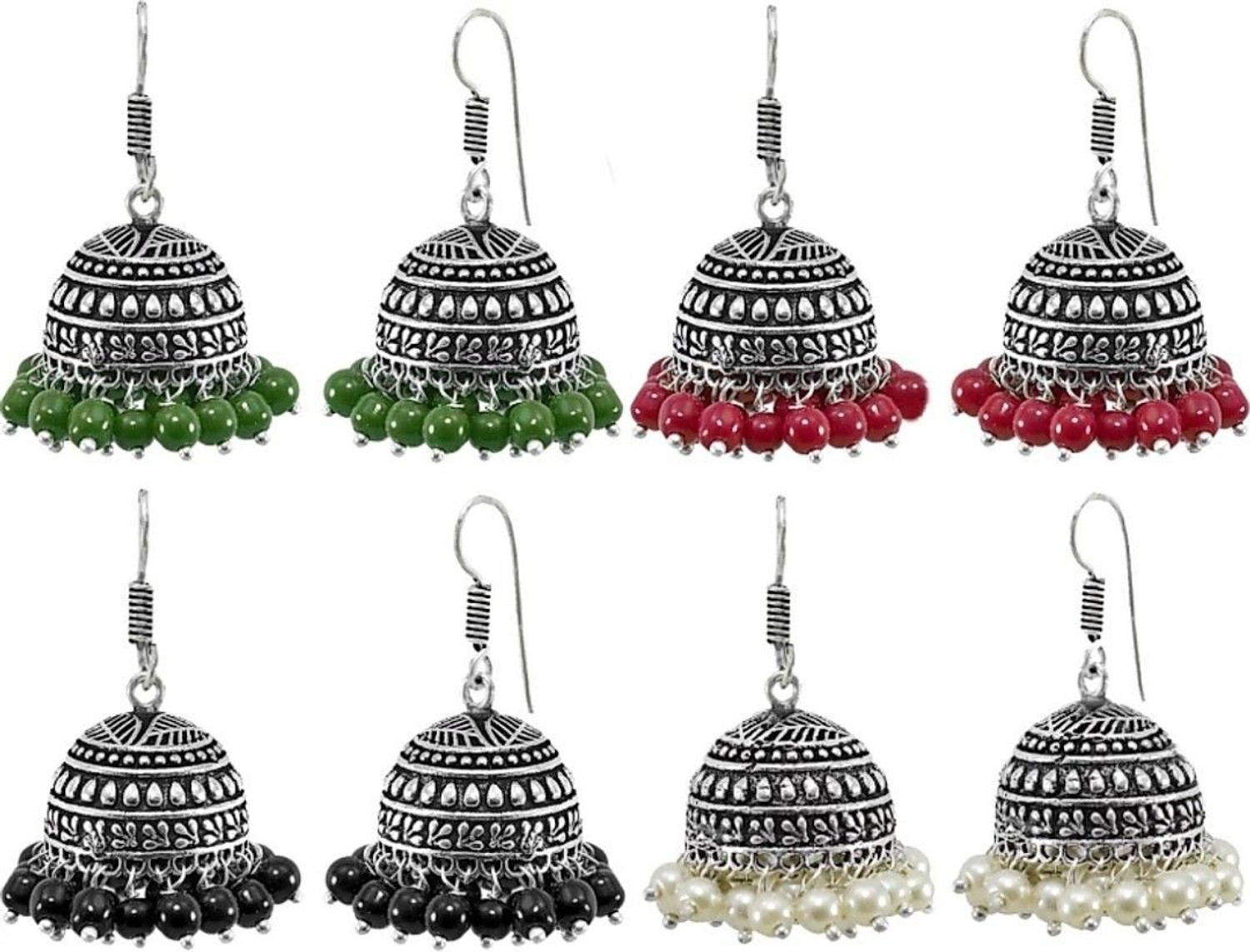 Image of Haniya 4 Pair Combo Afghani Jhumka German Silver Jhumki Oxidised Earrings Beads German Silver Jhumki Earring