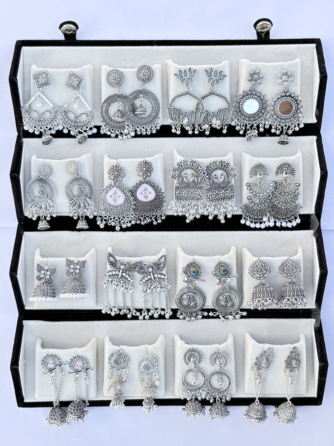 Image of Treviyaa Viral 16 Pair Oxidised Earing Set With Folding Jewelery Box | WITH LOVE NOTE Alloy Jhumki Earring