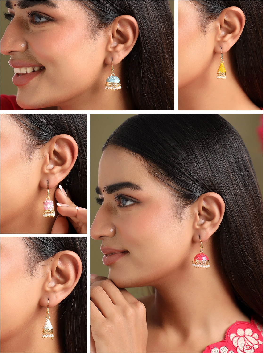 Image of Qiroko Gulnaar Collection | Ethnic Enamel Traditional Jhumka Combo of Four Earring Set Alloy Jhumki Earring, Earring Set
