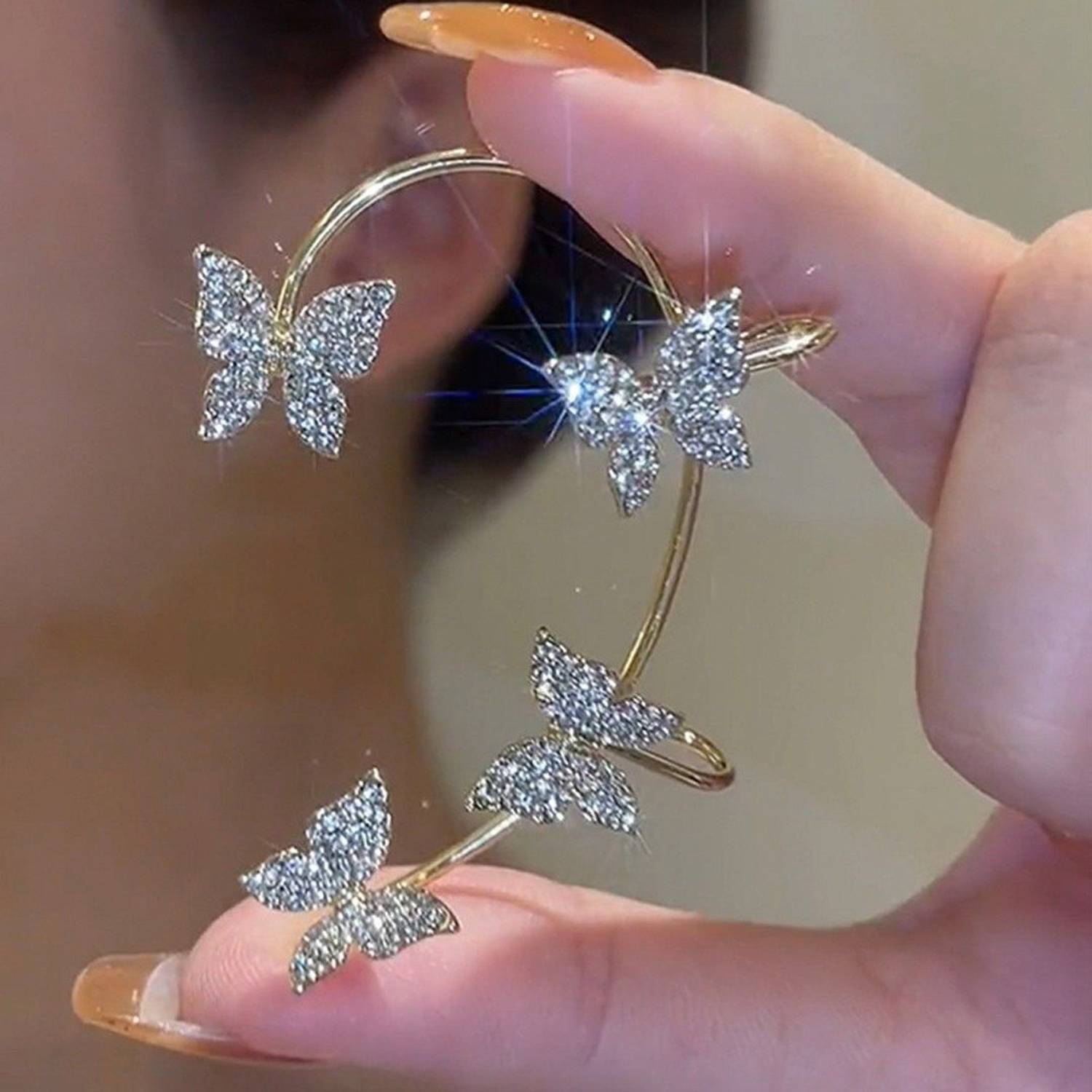 TheVineGirl Korean Golden Studded Butterfly Ear Climber Ear Cuff For Women And Girls Metal Cuff Earring