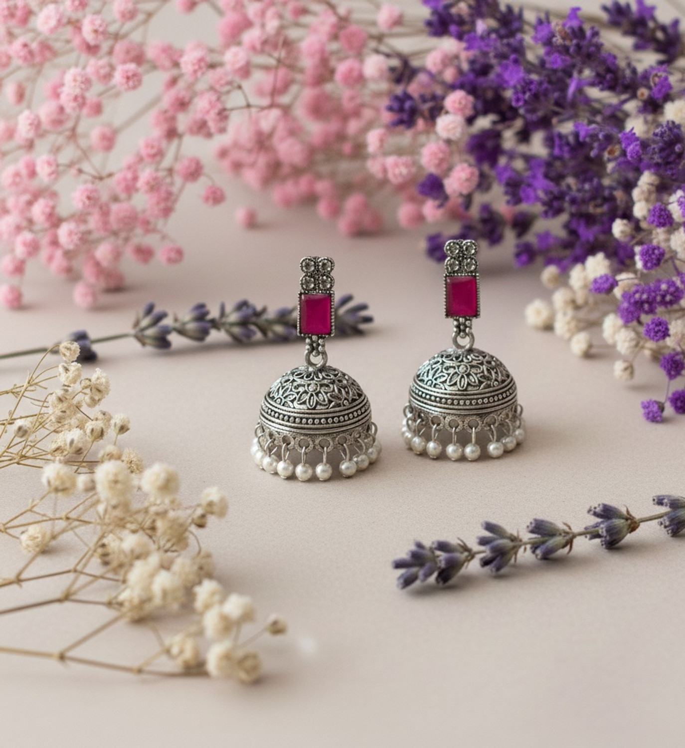 Image of Radhe krishna sales Oxidised Silver Jhumka Earrings with Pink Stone & Pearl Drops Alloy Jhumki Earring
