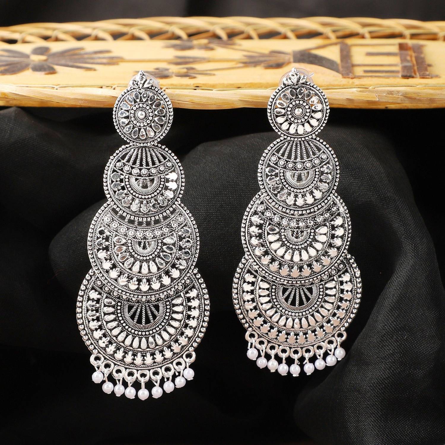 Anika's Creation Traditional Silver Plated Partywear Peacock Light Weight Jhumka Pearl Alloy Drops & Danglers