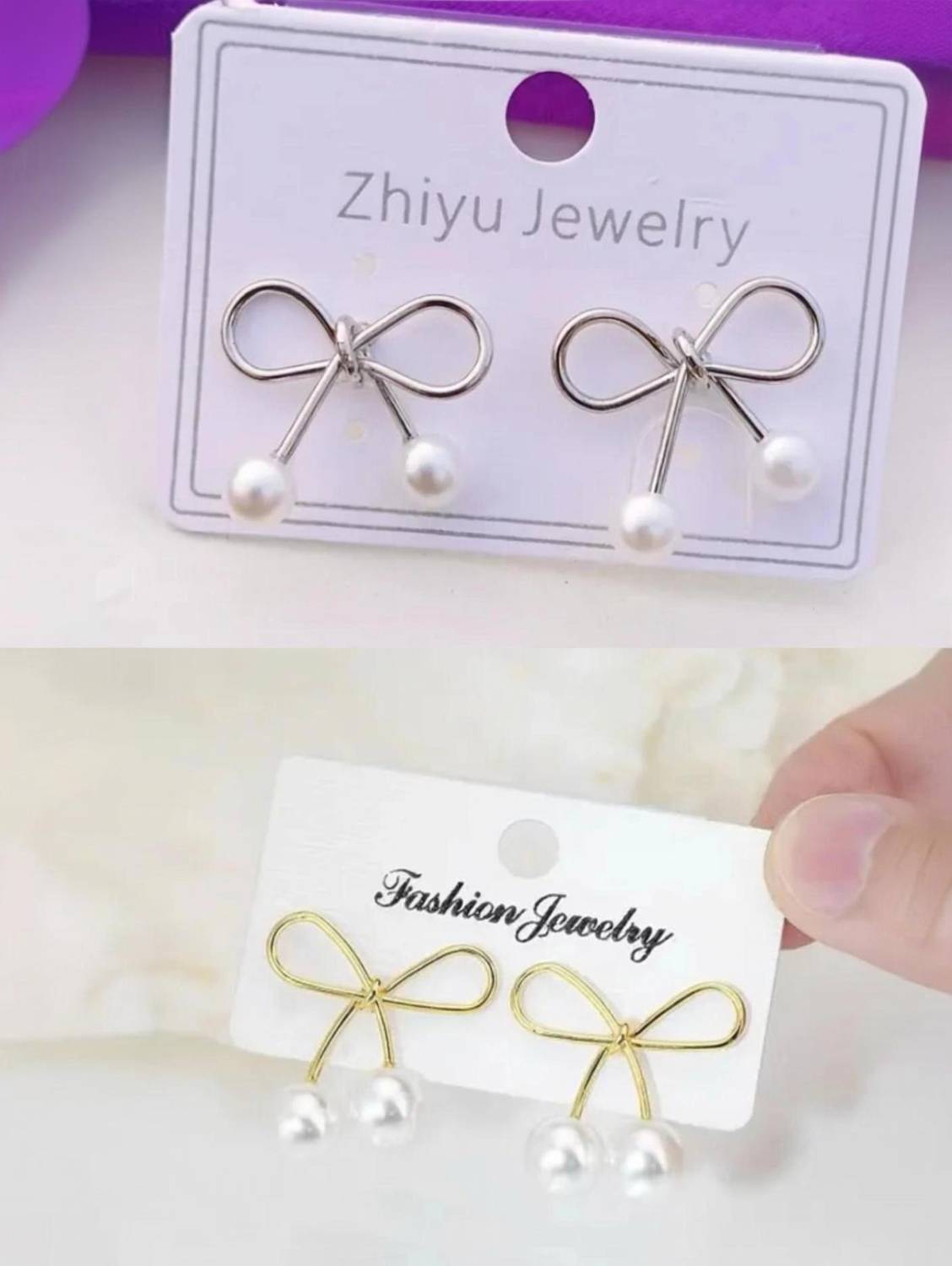ANSHIKA ENTERPRISES Silver , gold Bow Studs Earrings for Women pack 2 Pearl Brass, Metal Stud Earring, Cuff Earring, Clip-on Earring, Earring Set