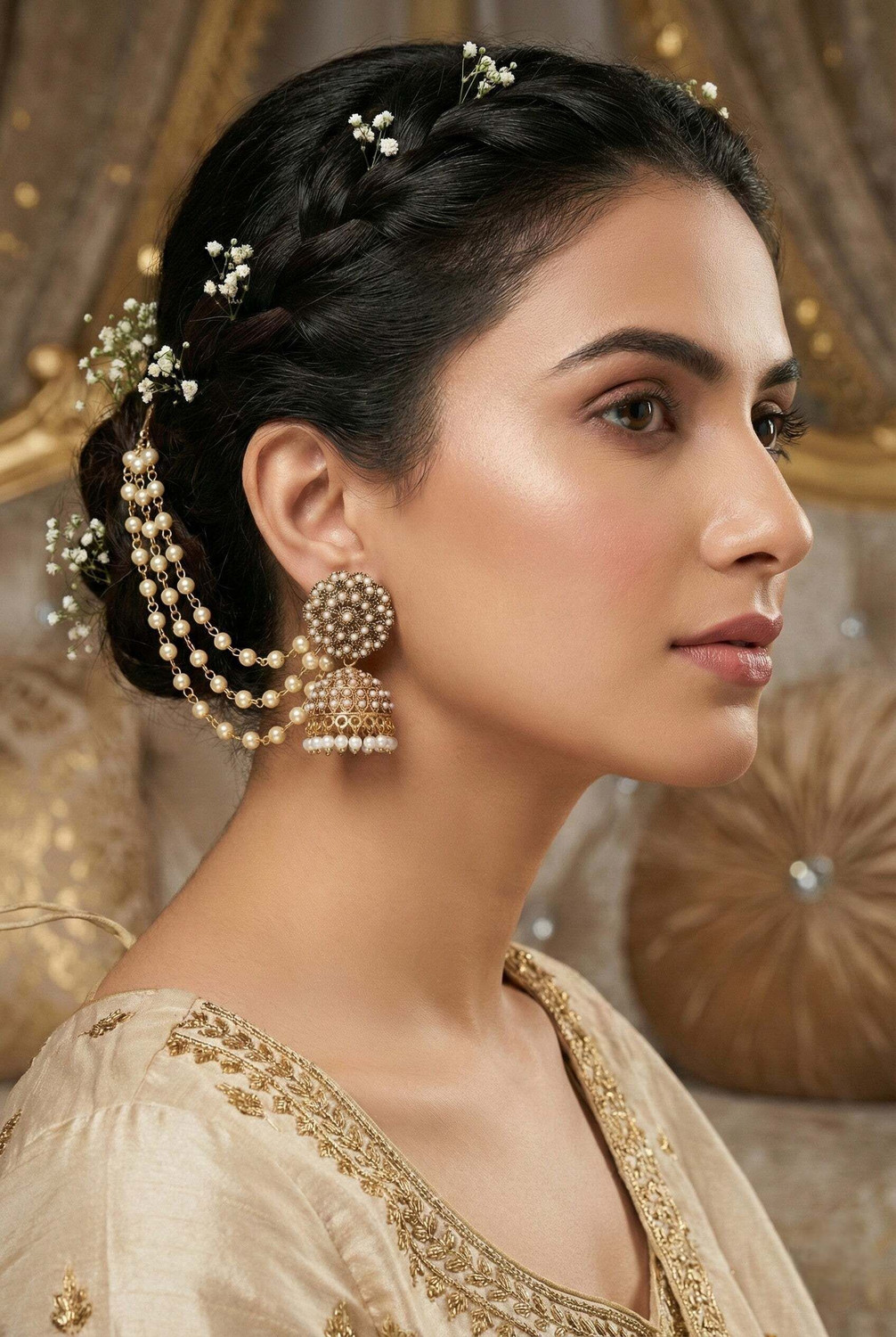 Image of Meira Jewellery Gold Plated Bahubali Jhumki Earring with Layered ear Chain Alloy Jhumki Earring