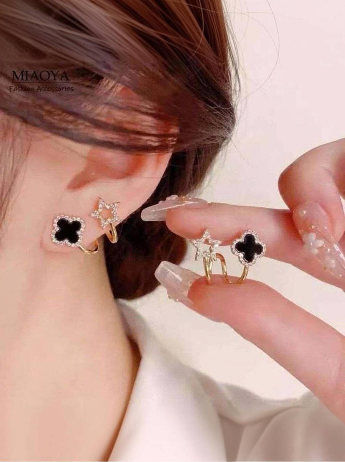 alinora jewels Alinora Jewels Elegant Black Clover and Star Dual Design Fashion Earrings Cubic Zirconia Alloy Stud Earring